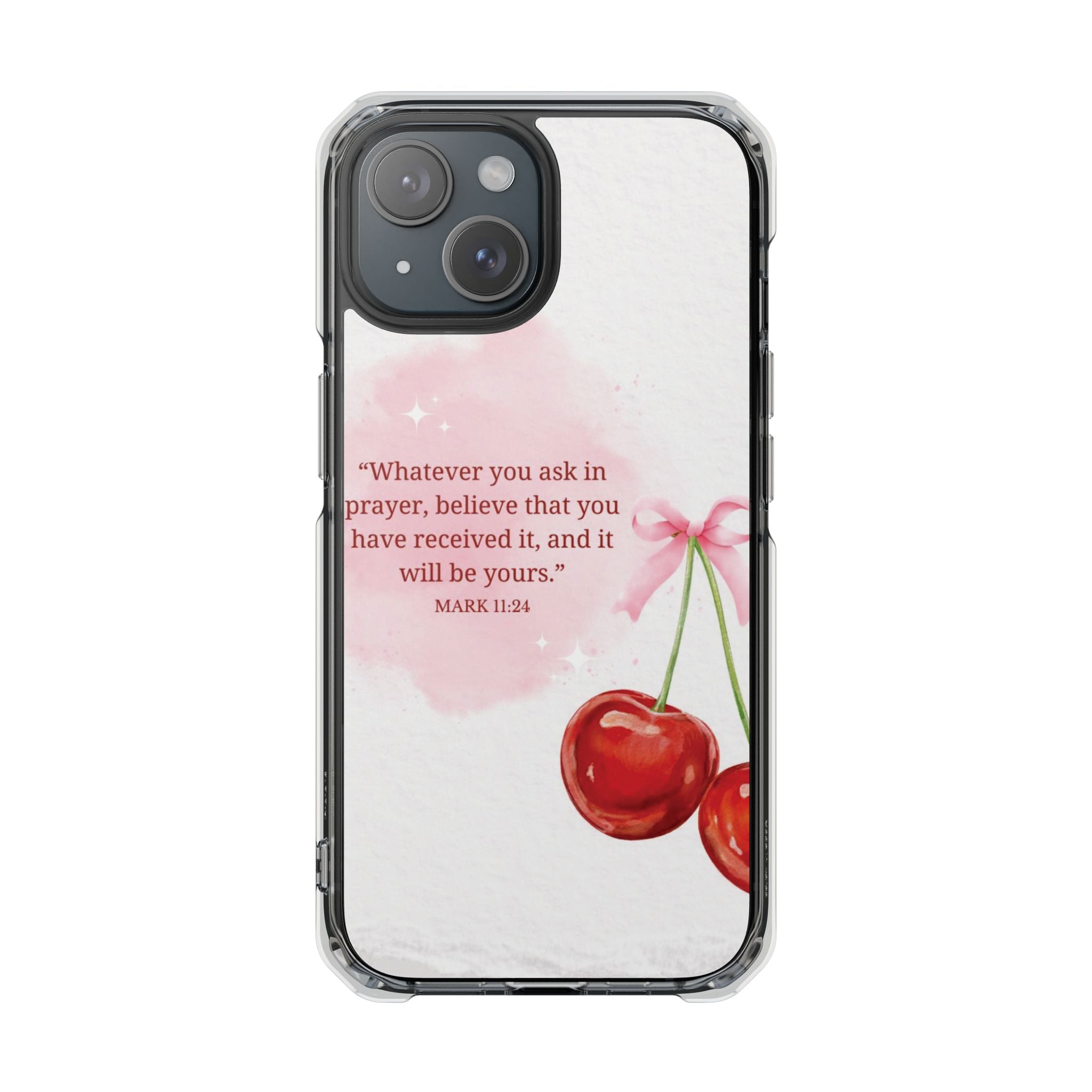 Clear Magnetic Phone Case — Cherry Design with Mark 11:24 Prayer Quote