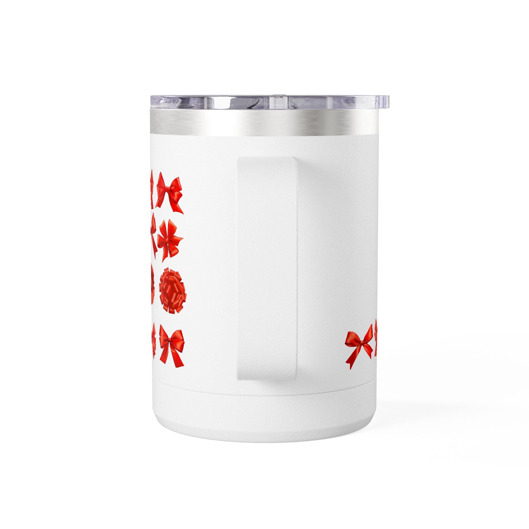 15oz Insulated Travel Mug with Red Ribbon Gift Bow Pattern — Holiday Coffee Tumbler