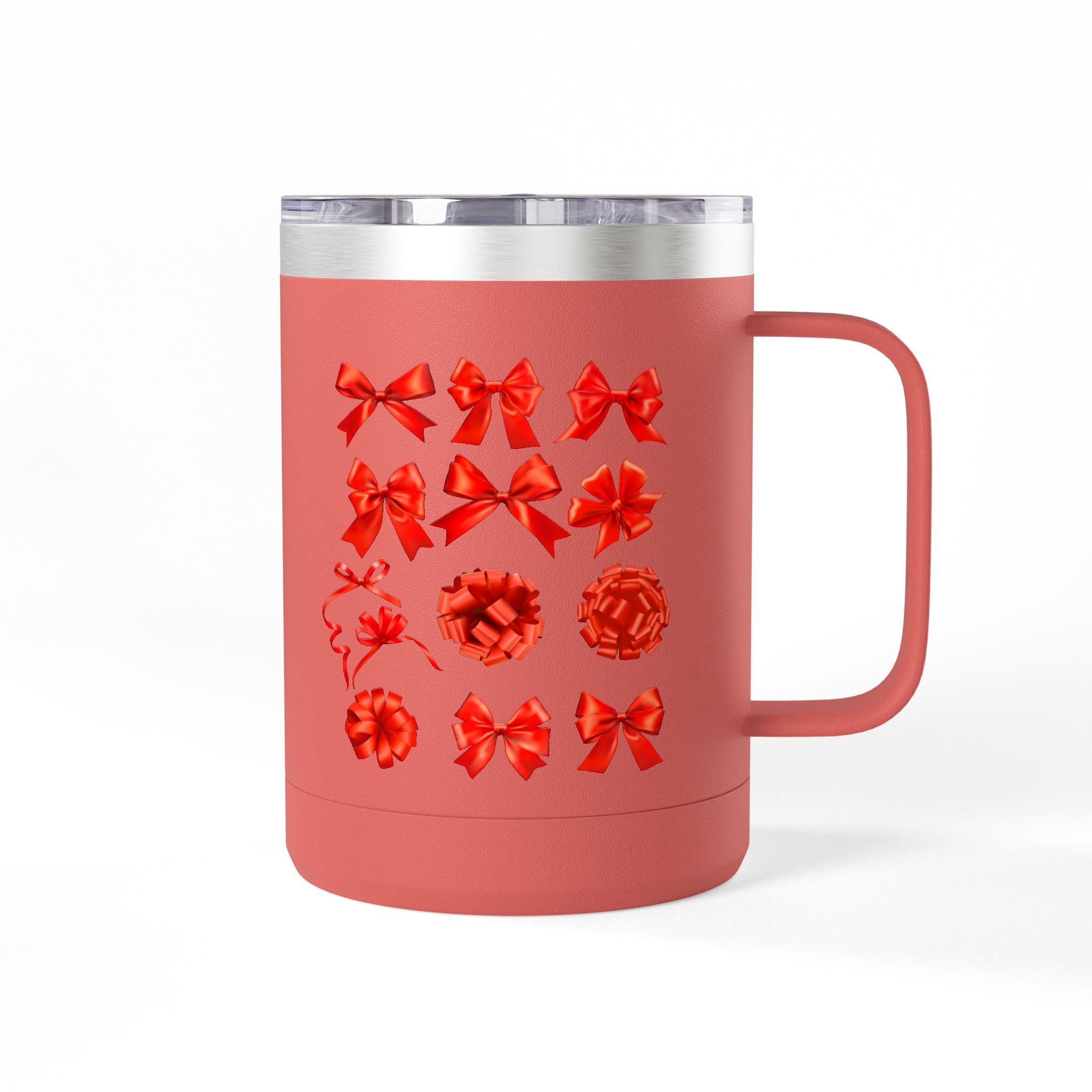 15oz Insulated Travel Mug with Red Ribbon Gift Bow Pattern — Holiday Coffee Tumbler
