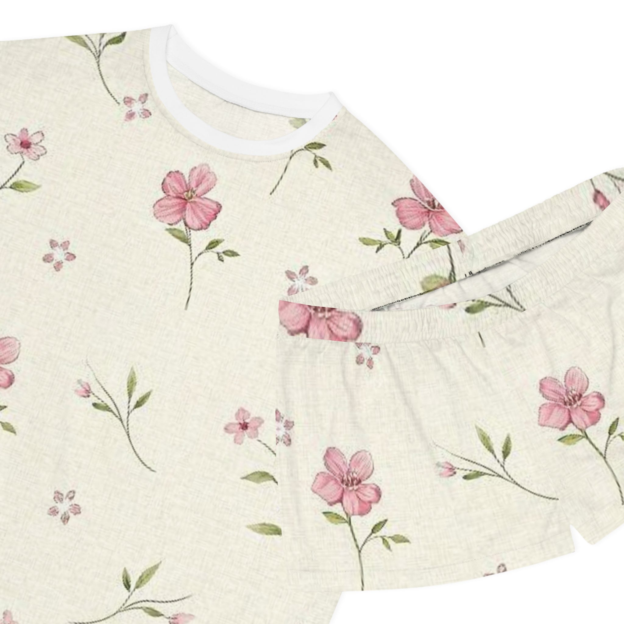 Floral Cream Women’s Short Pajama Set — Pink Watercolor Flower Print