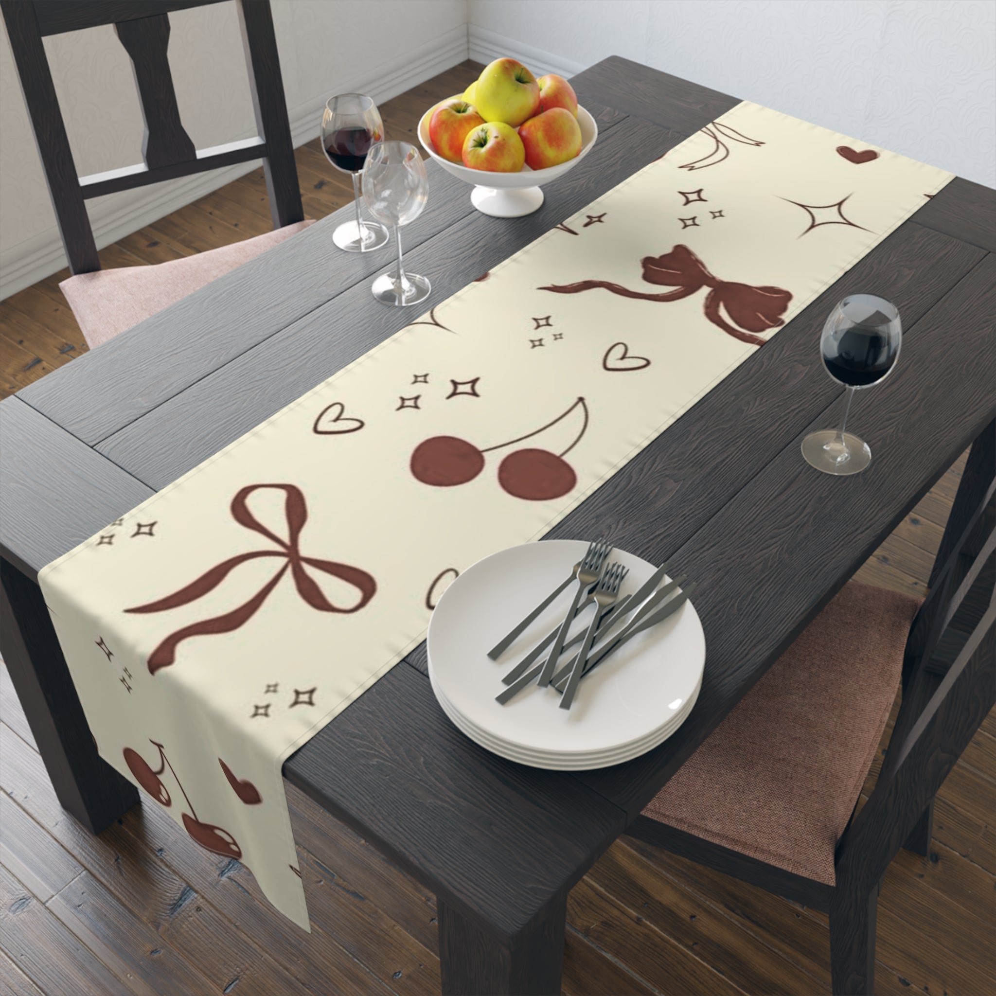 Cream & Chocolate Cherry Table Runner — Cute Bow, Heart & Star Pattern