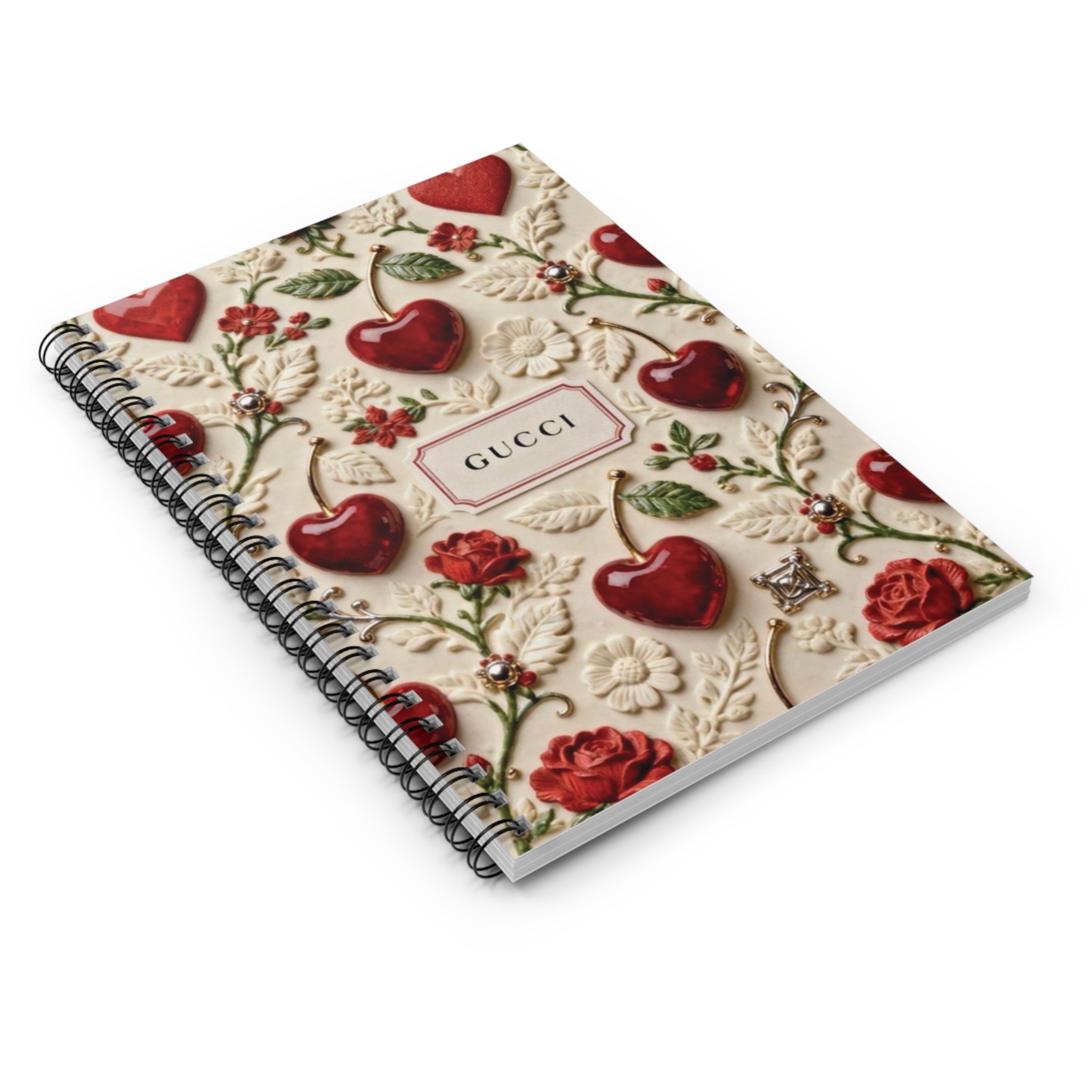 Cherry Floral Spiral Notebook — Ruled Journal with Vintage Heart Motif