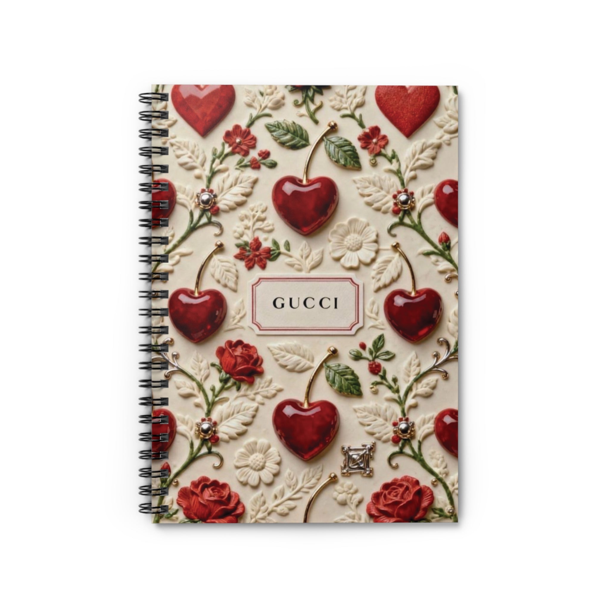 Cherry Floral Spiral Notebook — Ruled Journal with Vintage Heart Motif