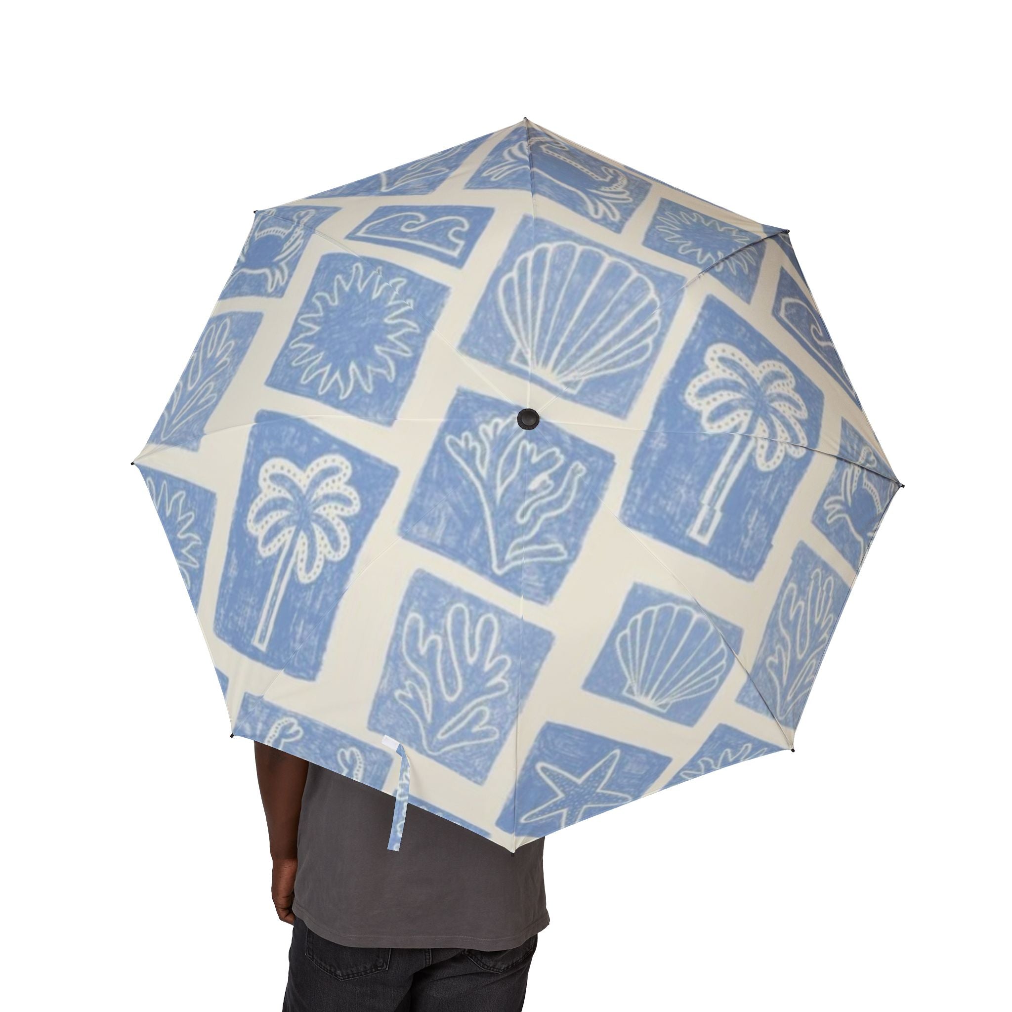 Foldable Umbrella — Blue Coastal Shell Pattern, Semi-Automatic Travel Umbrella