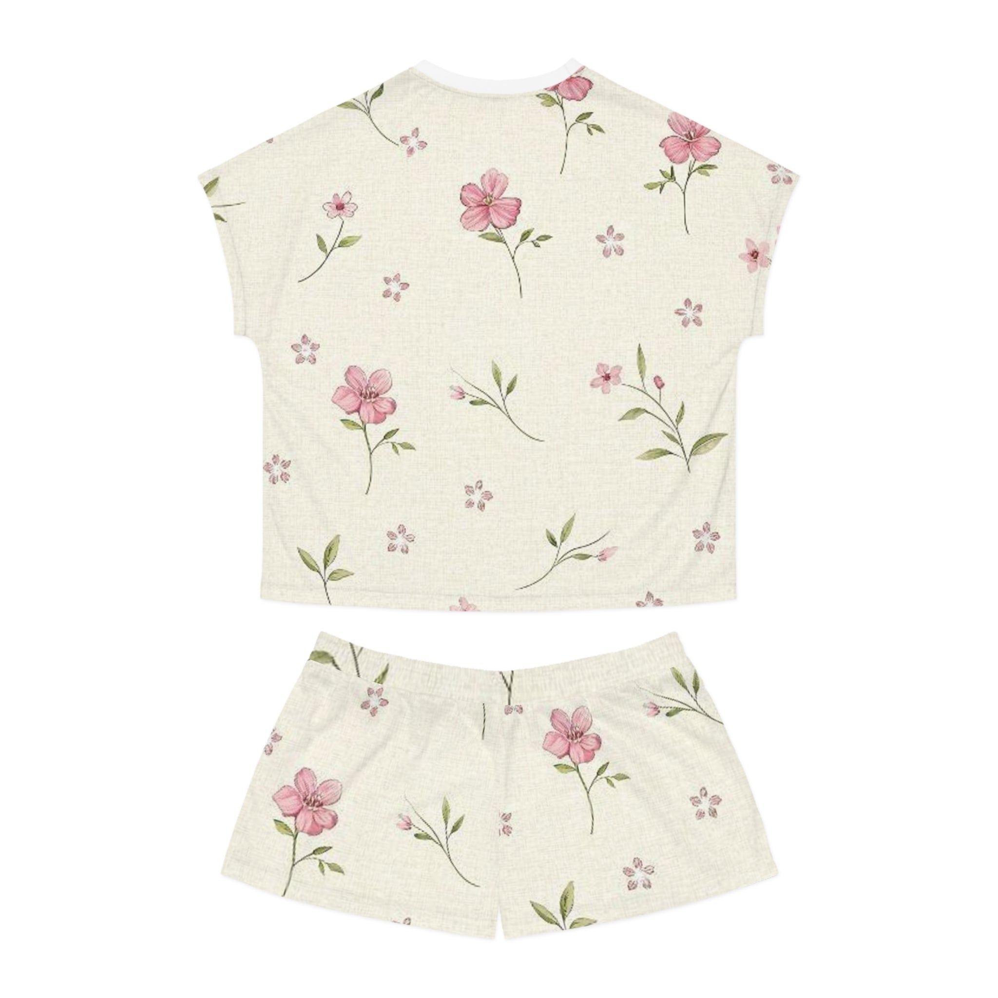 Floral Cream Women’s Short Pajama Set — Pink Watercolor Flower Print