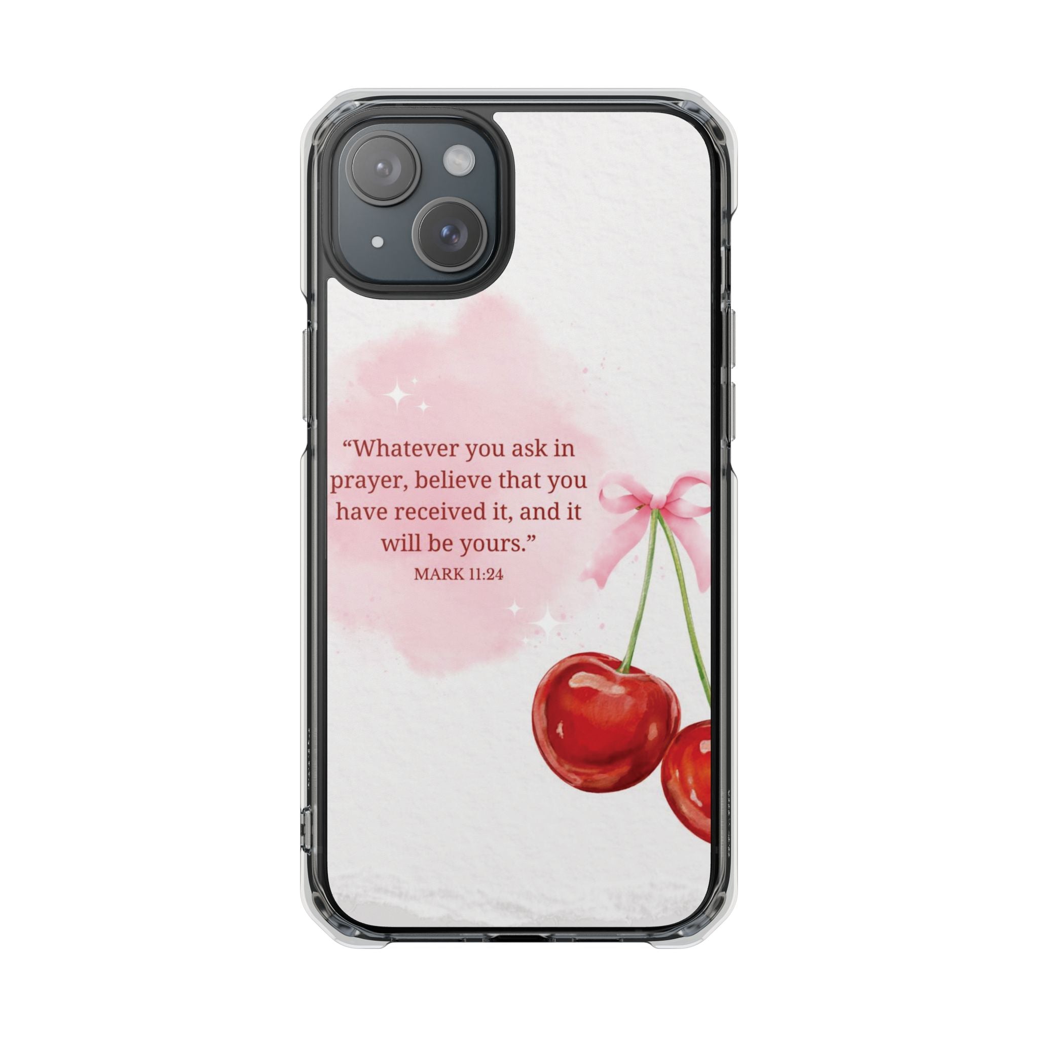 Clear Magnetic Phone Case — Cherry Design with Mark 11:24 Prayer Quote