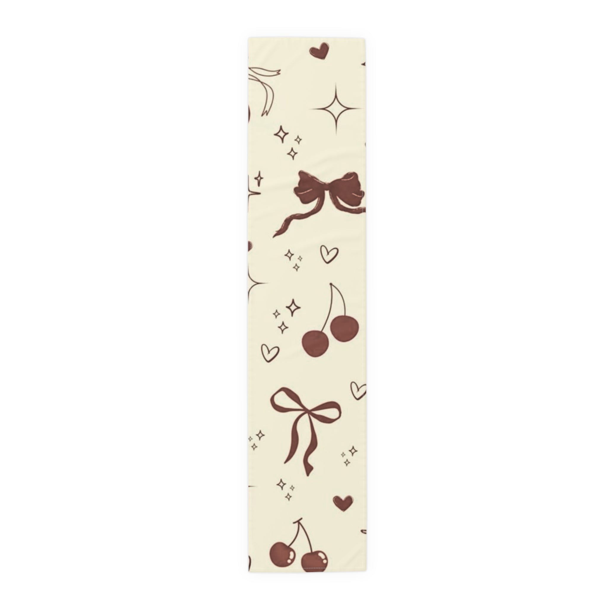 Cream & Chocolate Cherry Table Runner — Cute Bow, Heart & Star Pattern