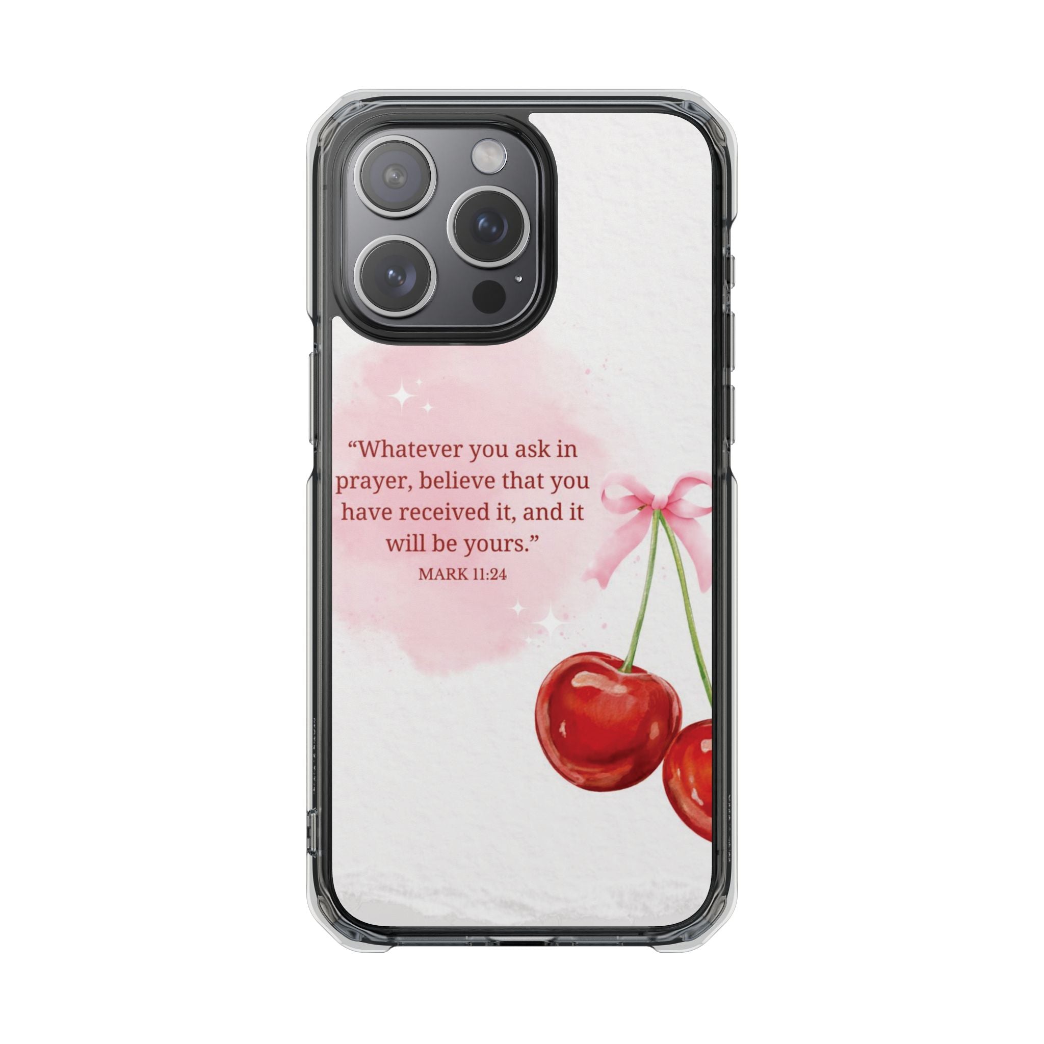 Clear Magnetic Phone Case — Cherry Design with Mark 11:24 Prayer Quote