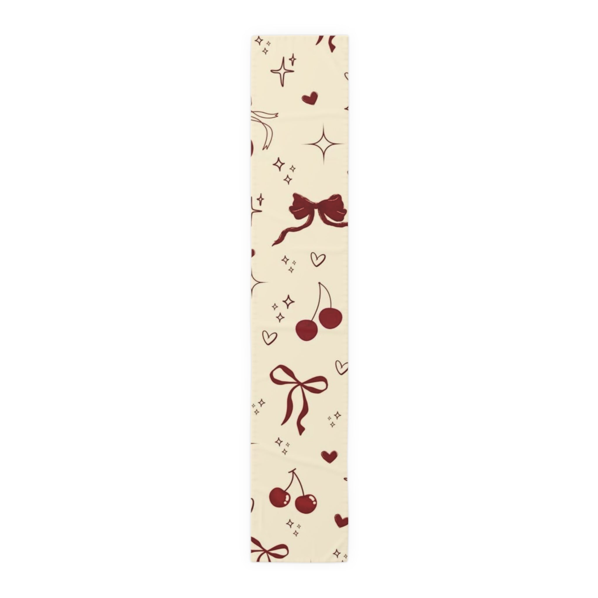 Cream & Chocolate Cherry Table Runner — Cute Bow, Heart & Star Pattern
