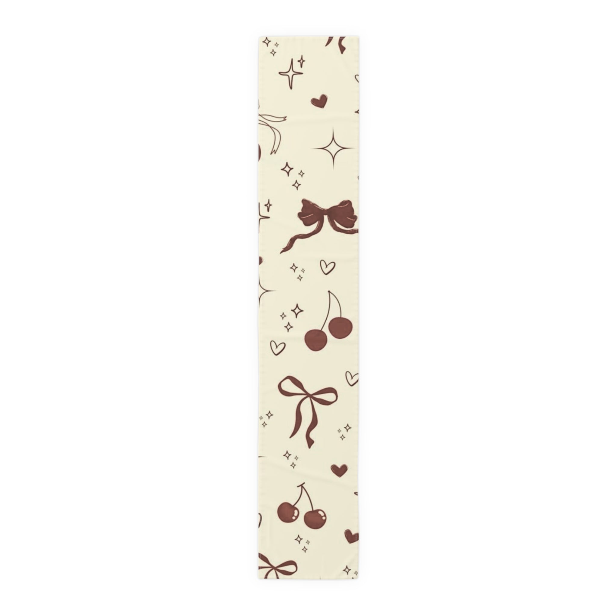 Cream & Chocolate Cherry Table Runner — Cute Bow, Heart & Star Pattern