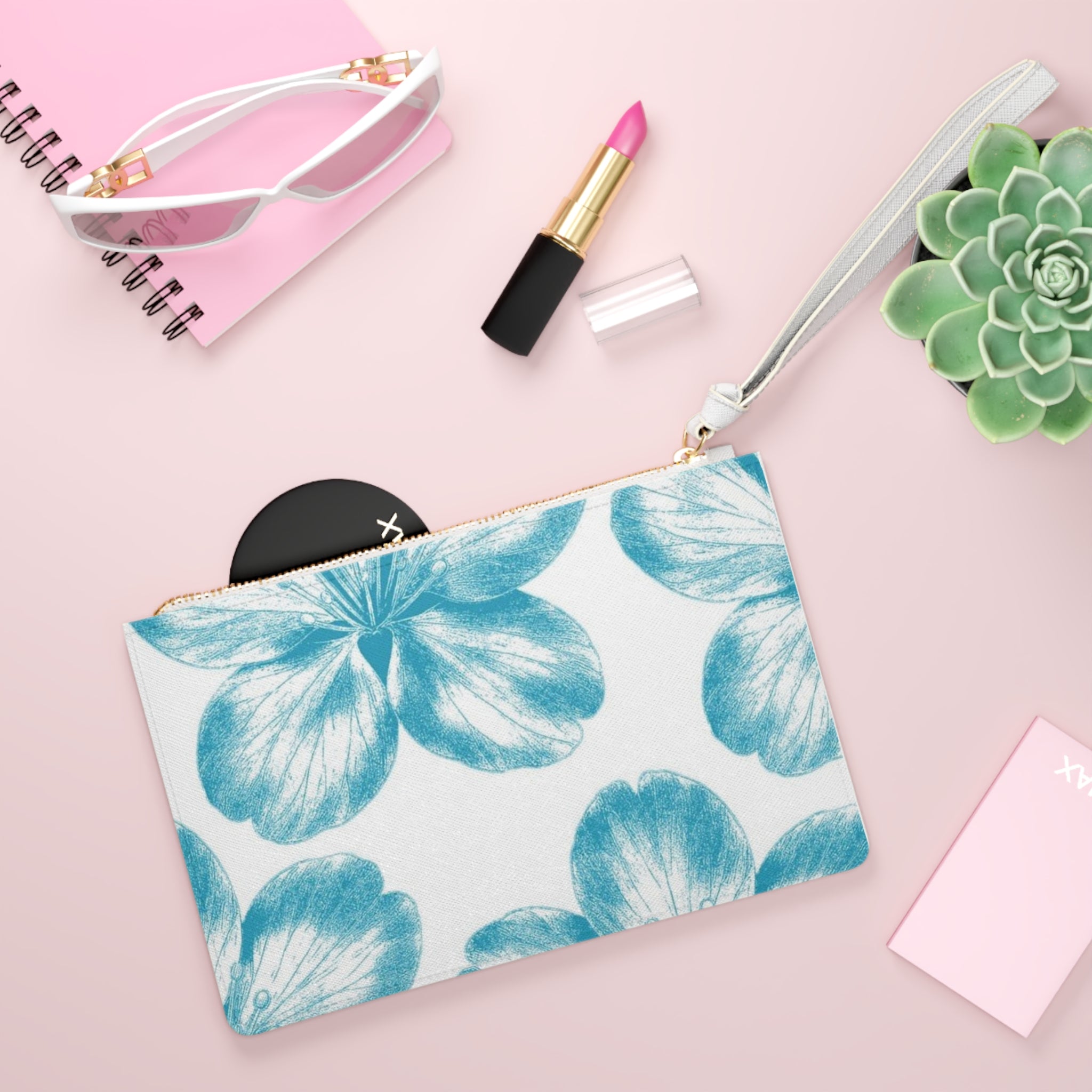 Floral Blue Petal Clutch Bag — Watercolor Hibiscus Wristlet