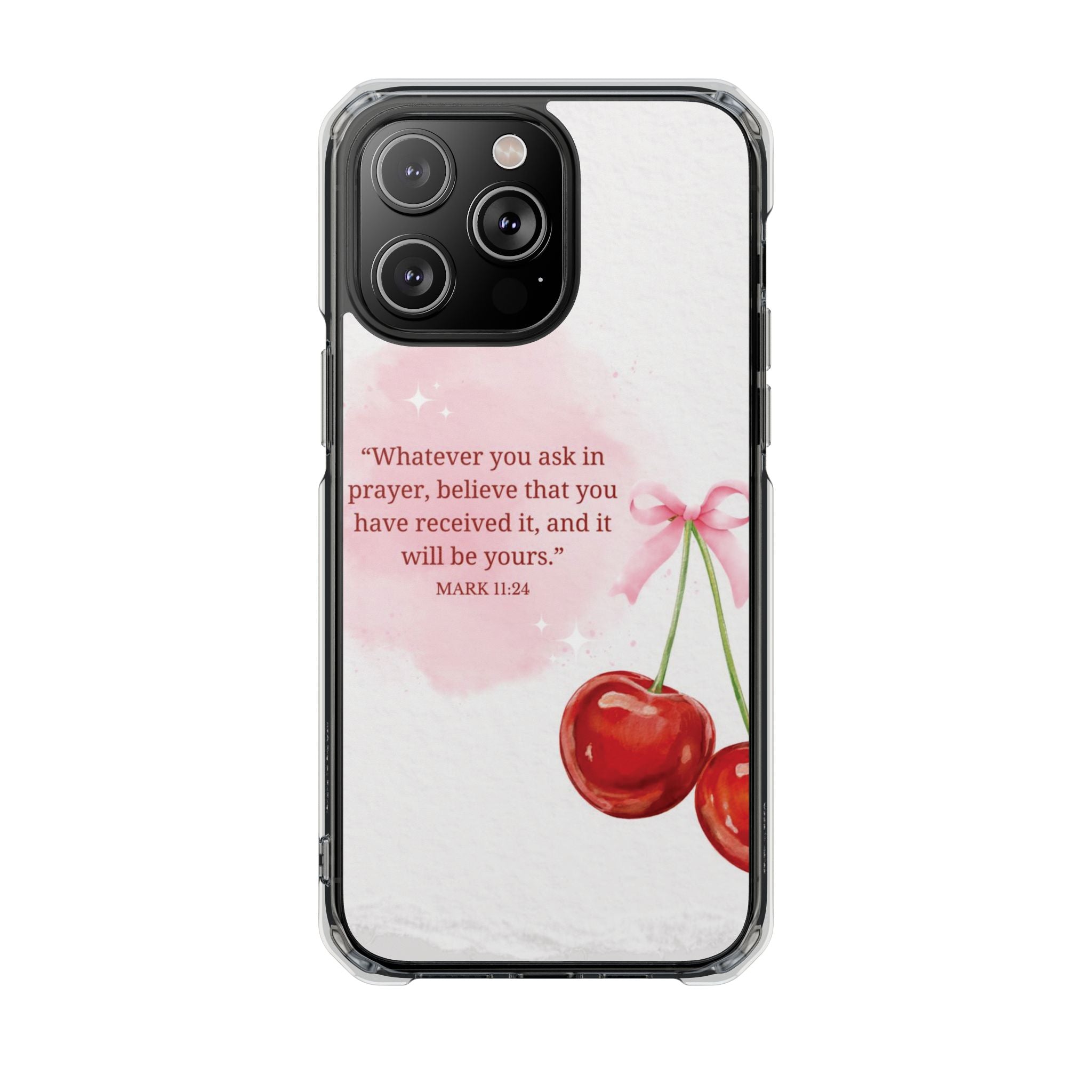 Clear Magnetic Phone Case — Cherry Design with Mark 11:24 Prayer Quote