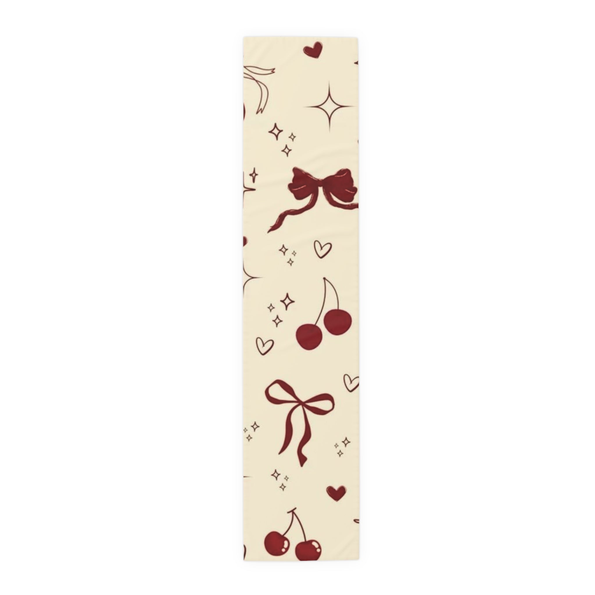 Cream & Chocolate Cherry Table Runner — Cute Bow, Heart & Star Pattern
