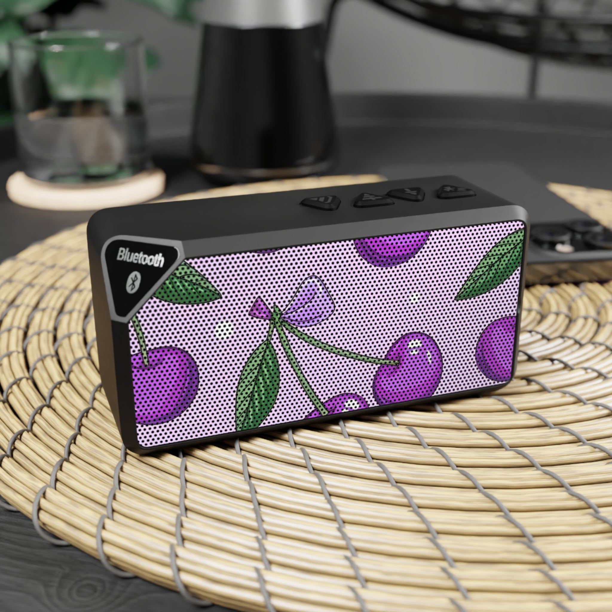 Cherry Pattern Bluetooth Speaker — Portable Wireless Speaker with Purple Cherries Design
