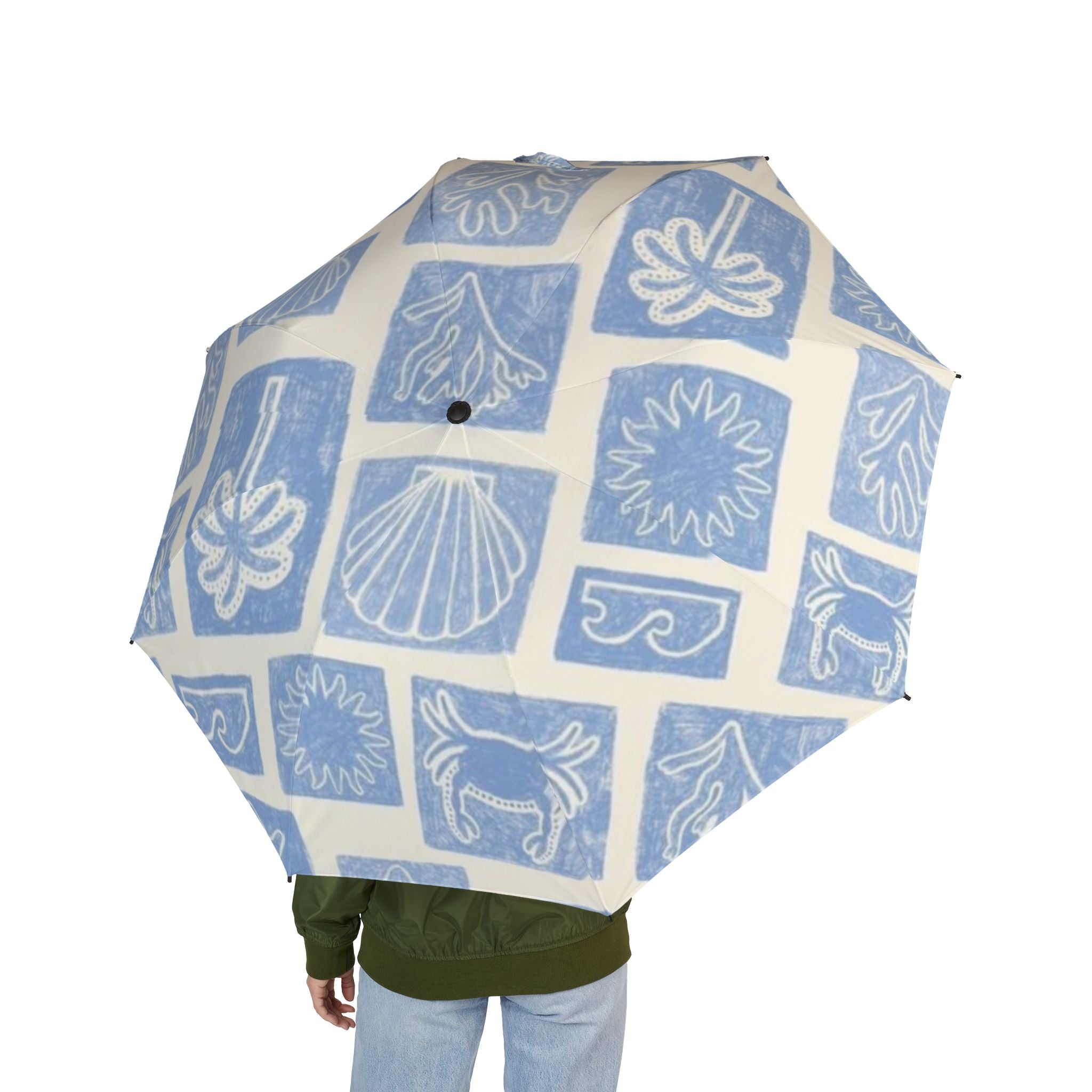 Foldable Umbrella — Blue Coastal Shell Pattern, Semi-Automatic Travel Umbrella