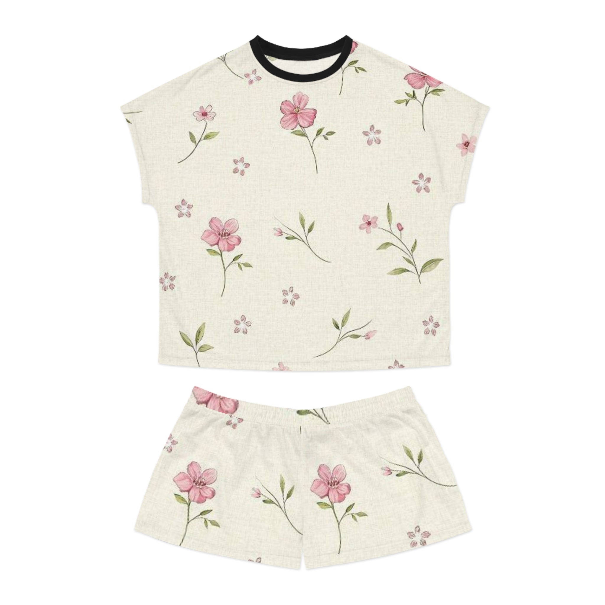 Floral Cream Women’s Short Pajama Set — Pink Watercolor Flower Print