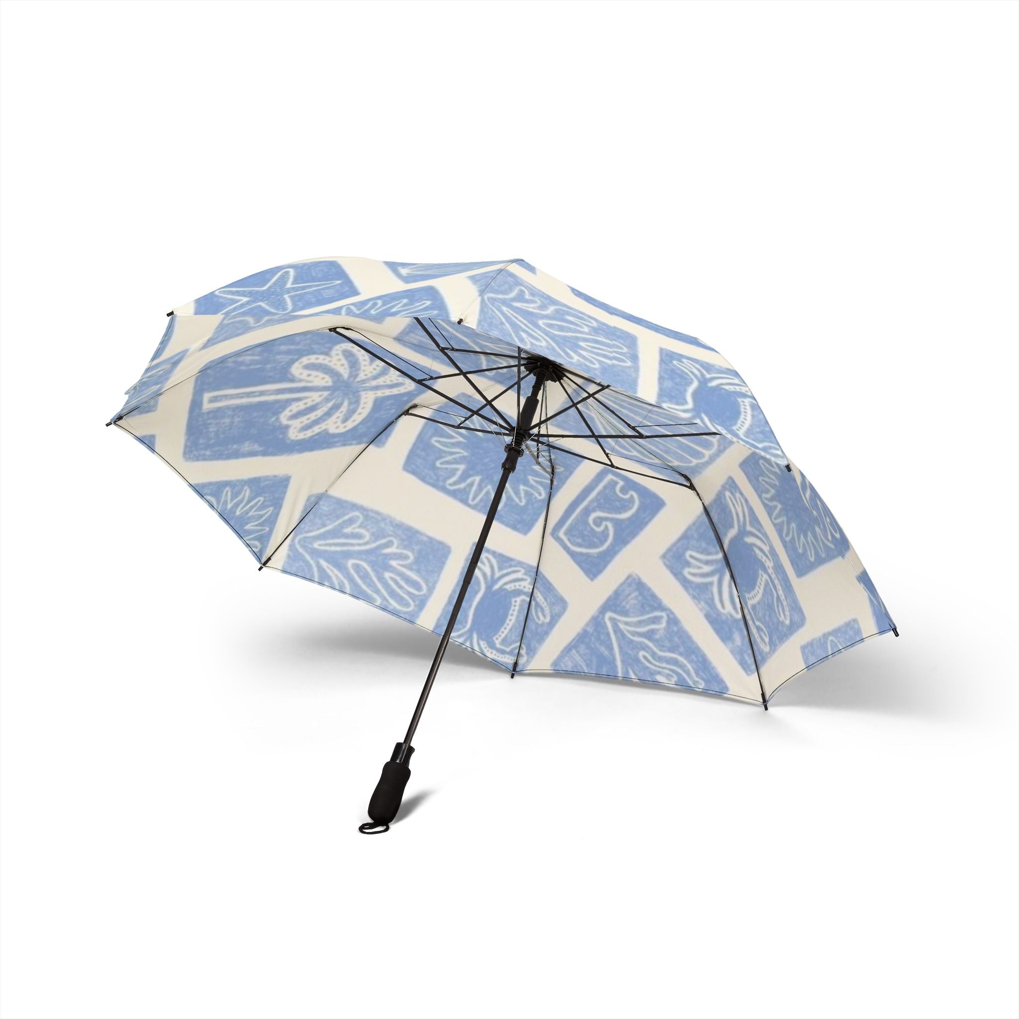 Foldable Umbrella — Blue Coastal Shell Pattern, Semi-Automatic Travel Umbrella