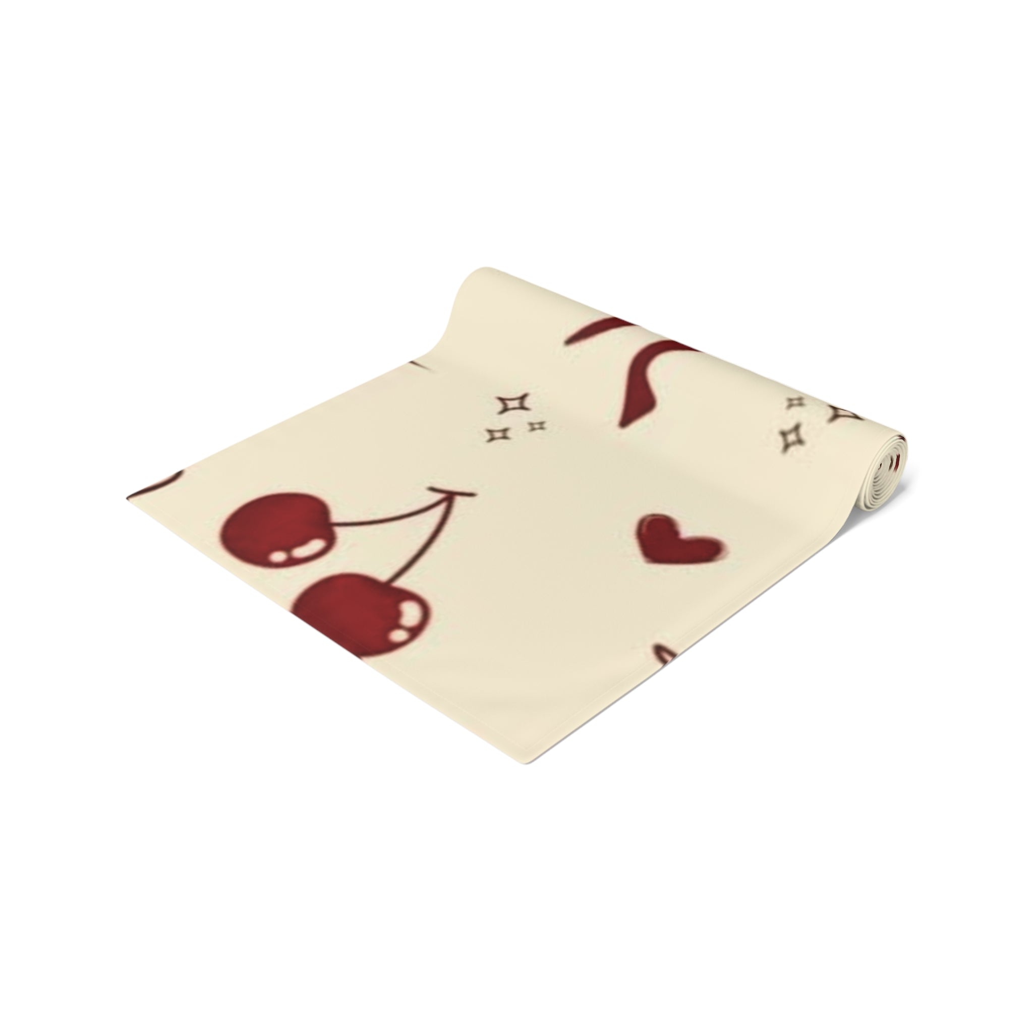 Cream & Chocolate Cherry Table Runner — Cute Bow, Heart & Star Pattern