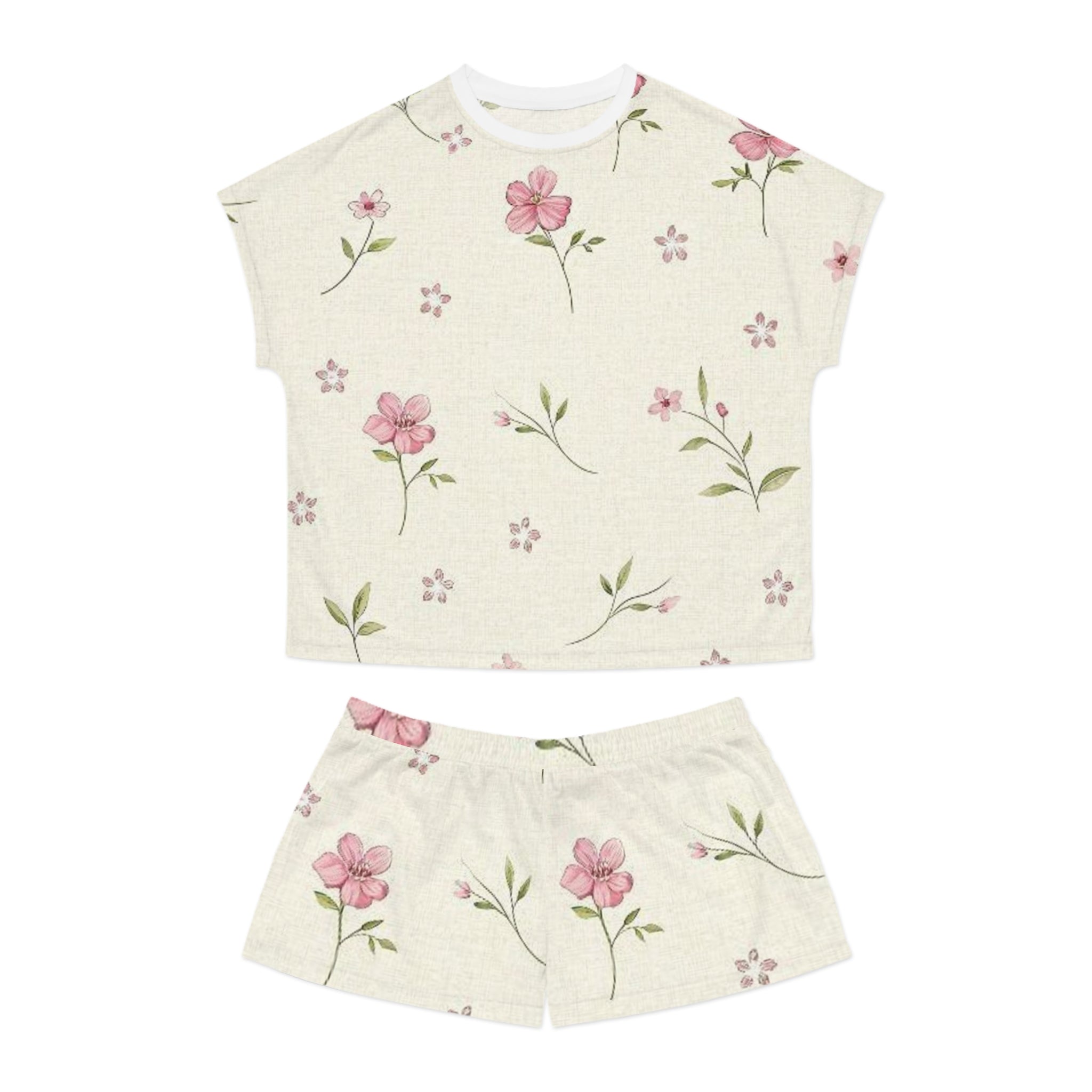 Floral Cream Women’s Short Pajama Set — Pink Watercolor Flower Print