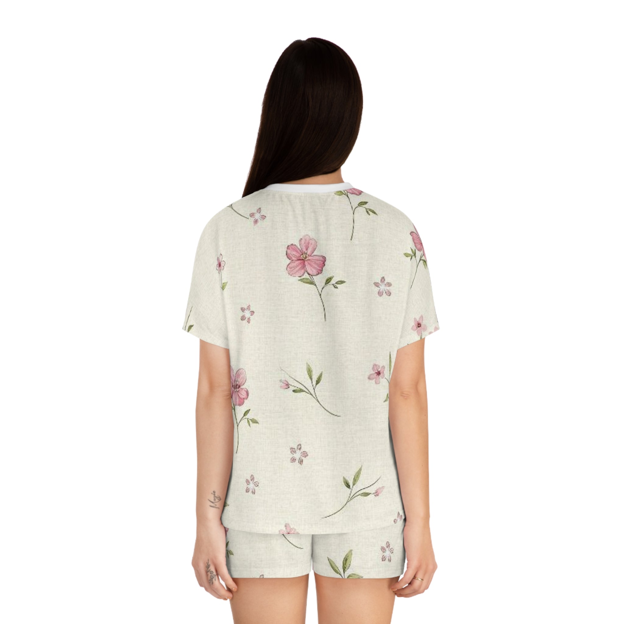 Floral Cream Women’s Short Pajama Set — Pink Watercolor Flower Print