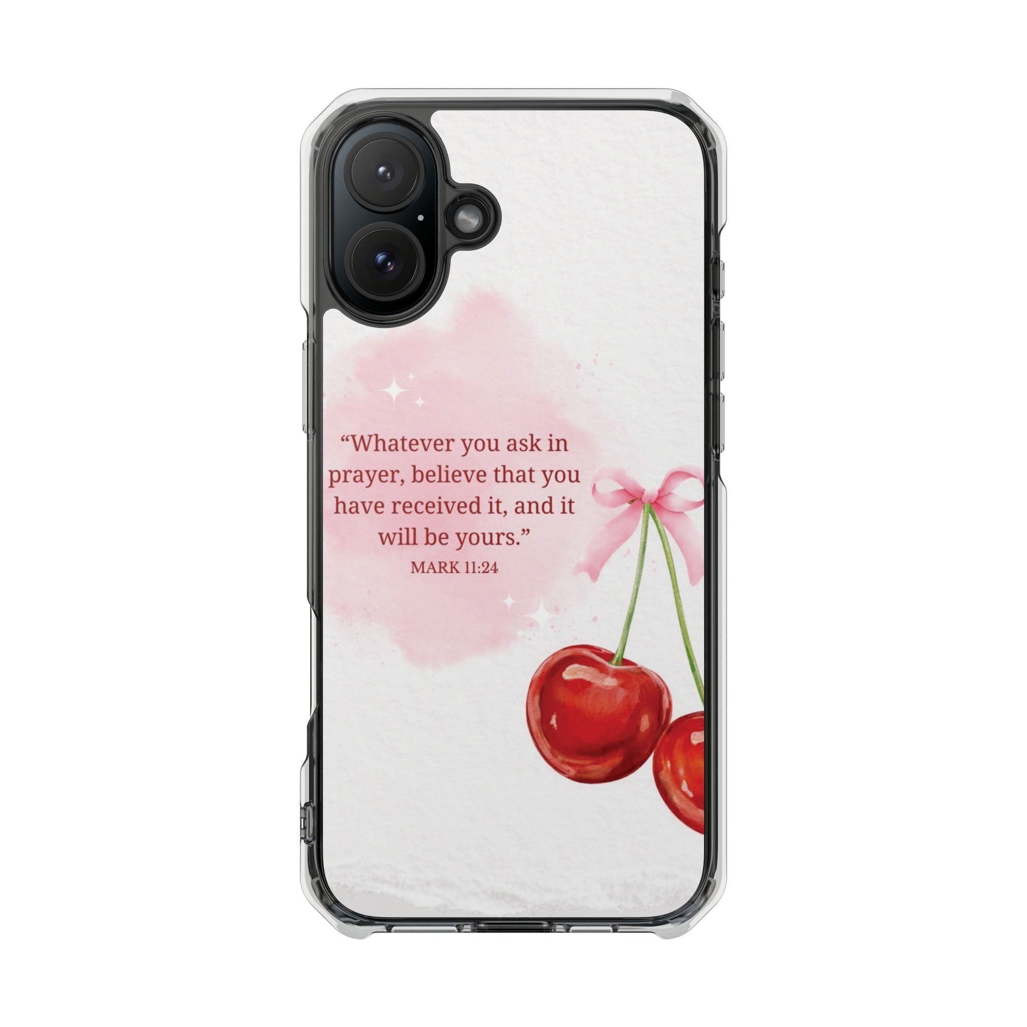 Clear Magnetic Phone Case — Cherry Design with Mark 11:24 Prayer Quote