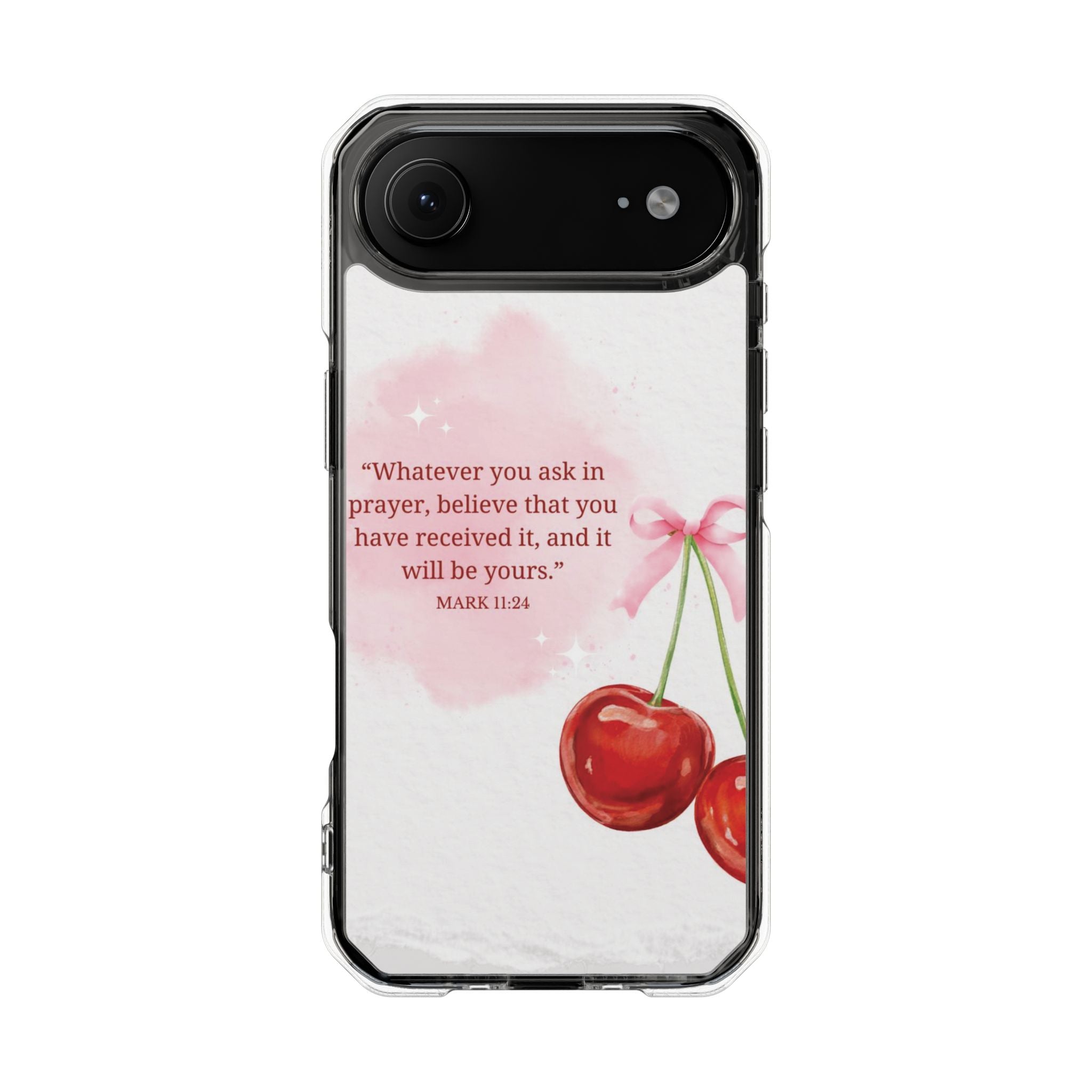 Clear Magnetic Phone Case — Cherry Design with Mark 11:24 Prayer Quote