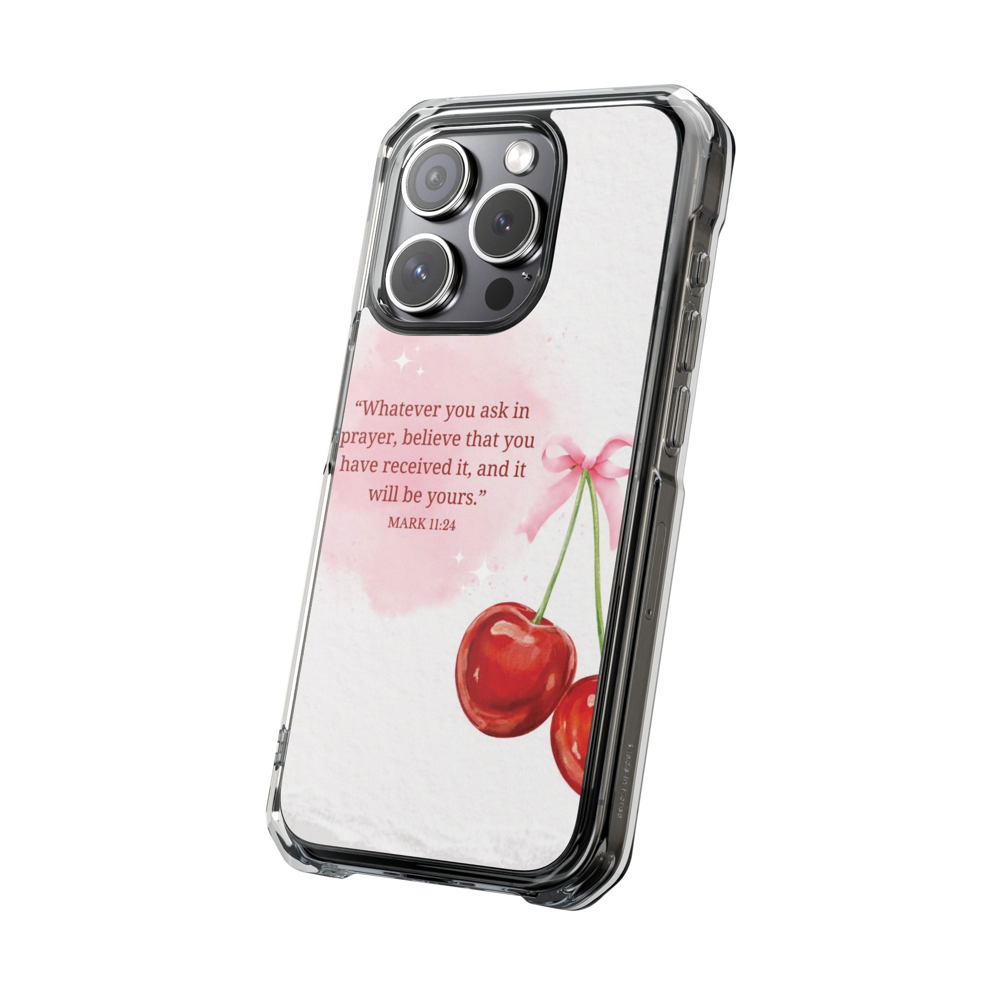 Clear Magnetic Phone Case — Cherry Design with Mark 11:24 Prayer Quote