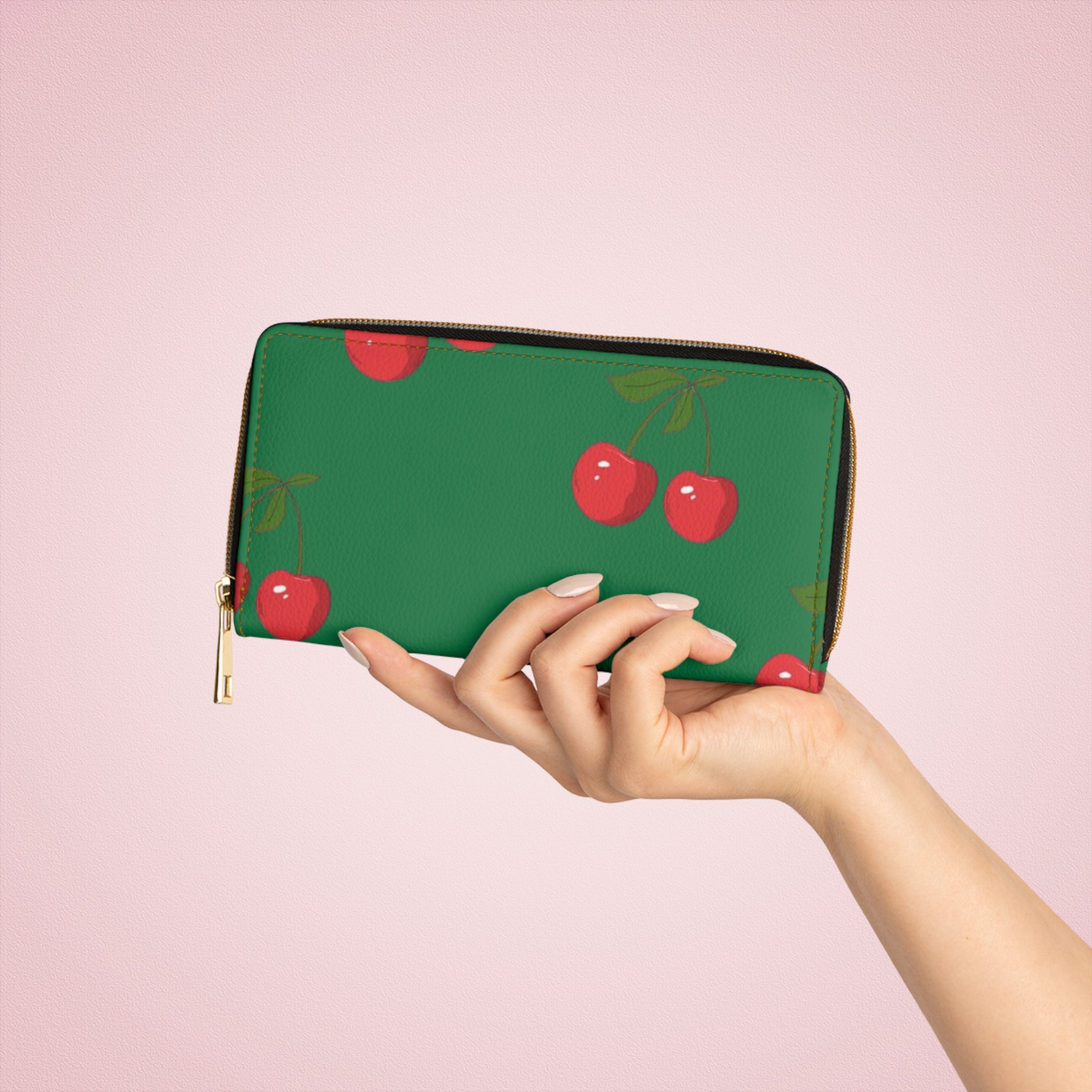 Cherry Print Zipper Wallet — Green Cherry Patterned Wallet
