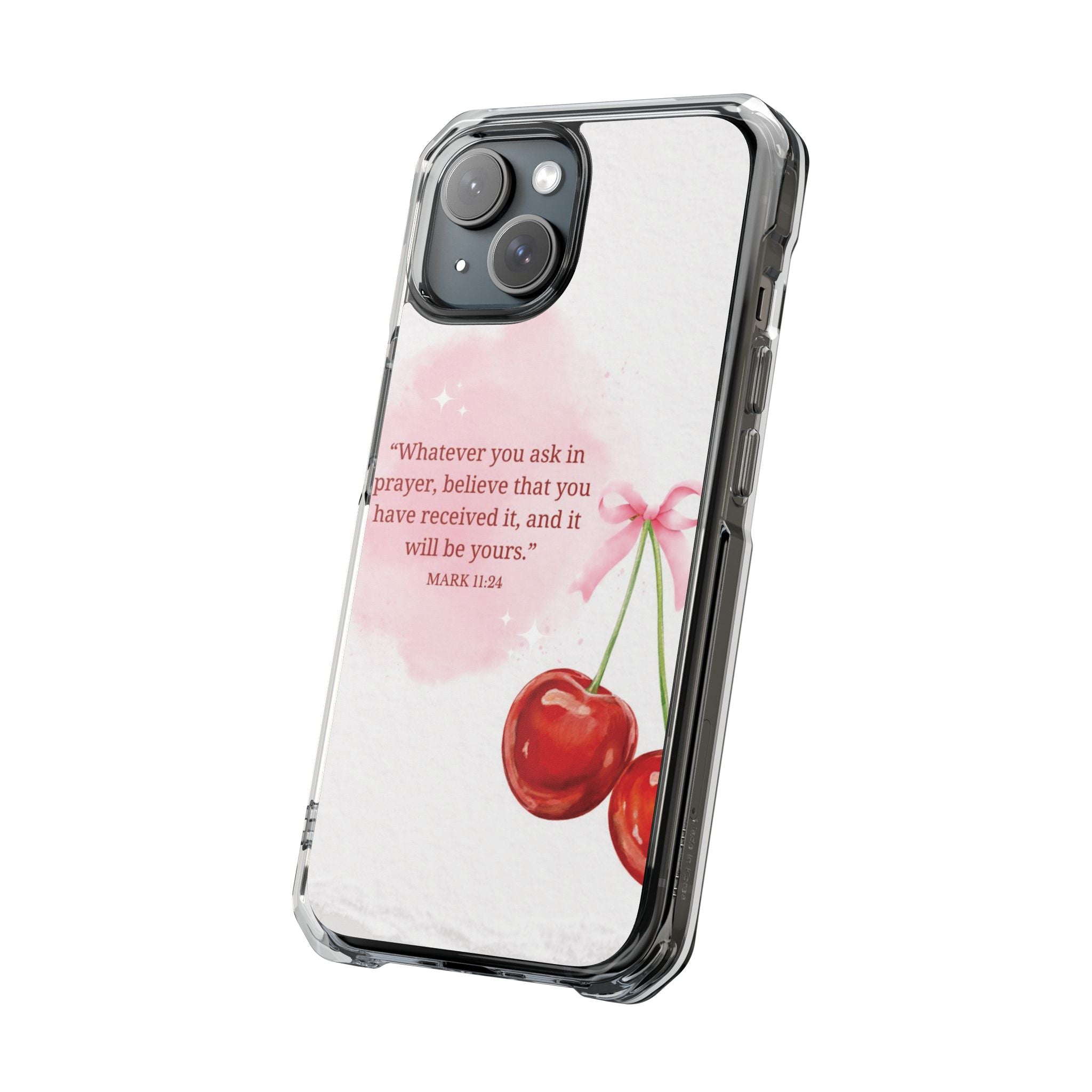 Clear Magnetic Phone Case — Cherry Design with Mark 11:24 Prayer Quote