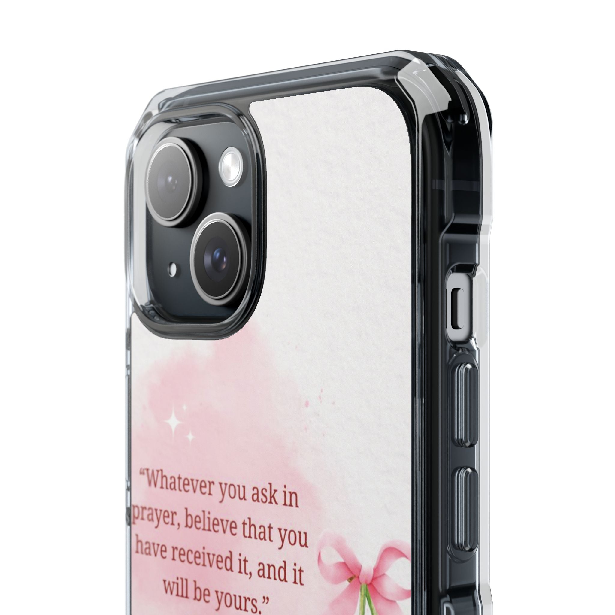 Clear Magnetic Phone Case — Cherry Design with Mark 11:24 Prayer Quote