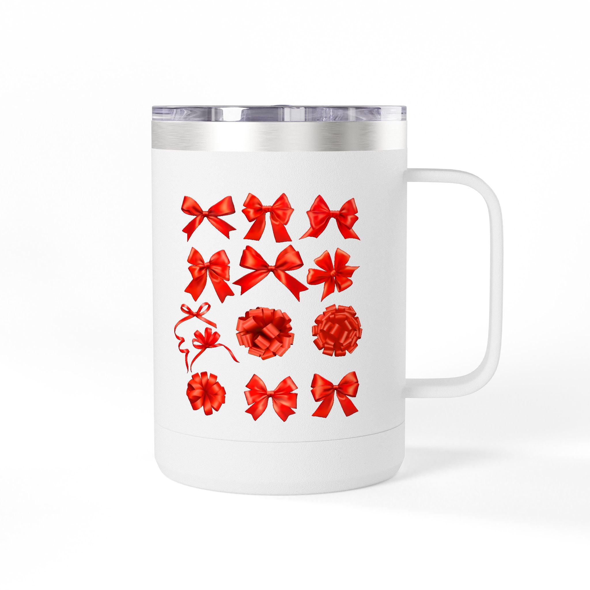 15oz Insulated Travel Mug with Red Ribbon Gift Bow Pattern — Holiday Coffee Tumbler