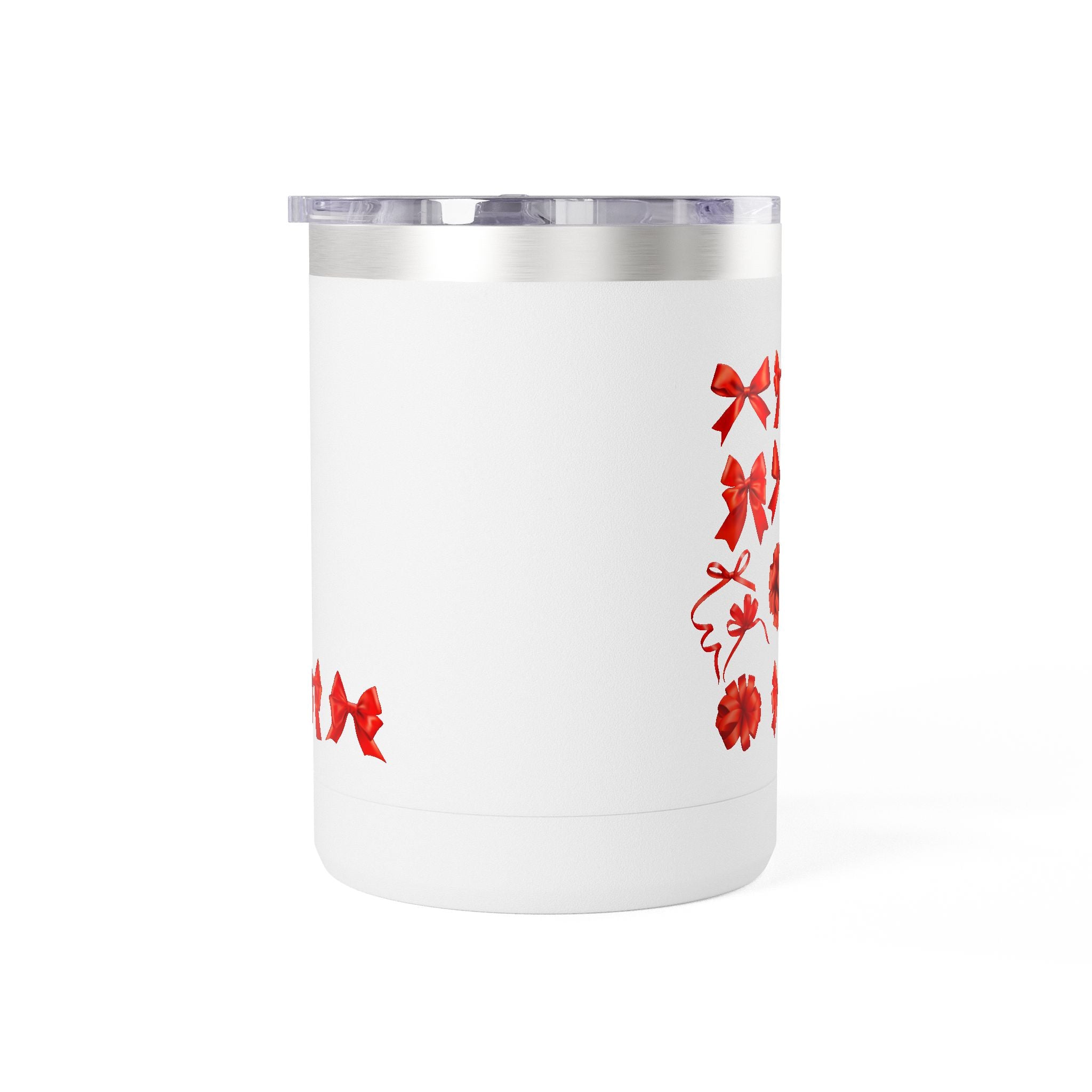 15oz Insulated Travel Mug with Red Ribbon Gift Bow Pattern — Holiday Coffee Tumbler