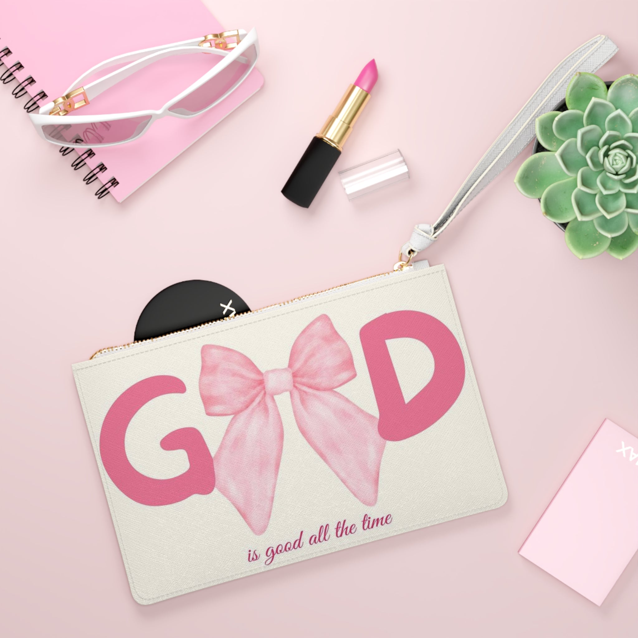 Clutch Bag — "Good is Good All the Time" Pink Bow Wristlet