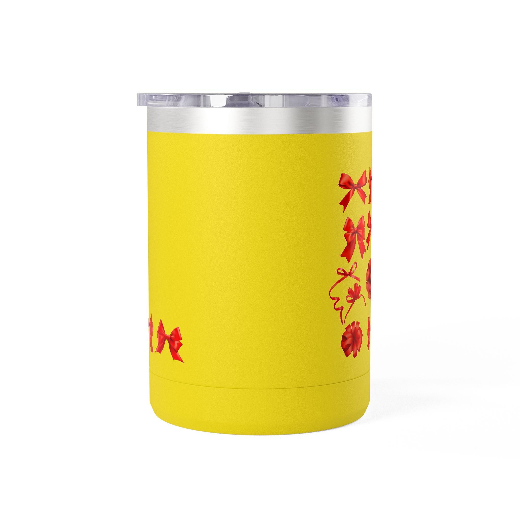 15oz Insulated Travel Mug with Red Ribbon Gift Bow Pattern — Holiday Coffee Tumbler