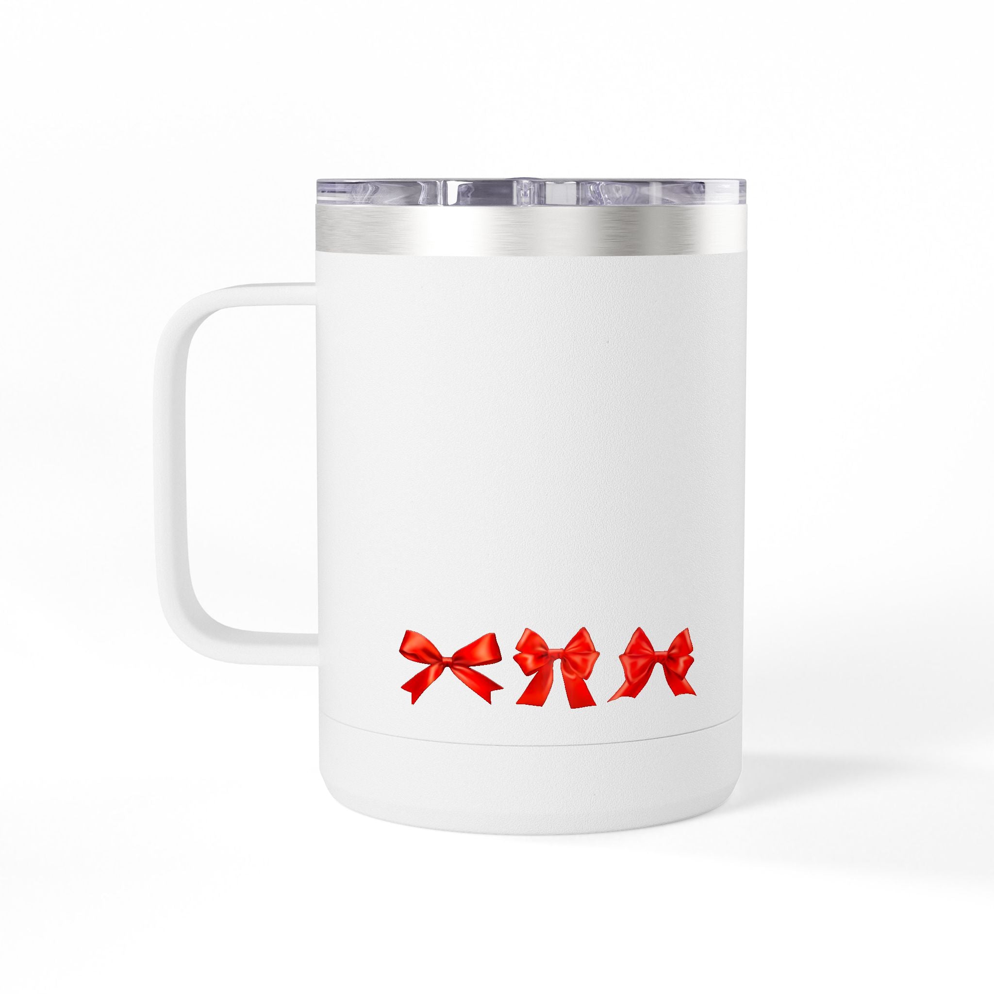 15oz Insulated Travel Mug with Red Ribbon Gift Bow Pattern — Holiday Coffee Tumbler