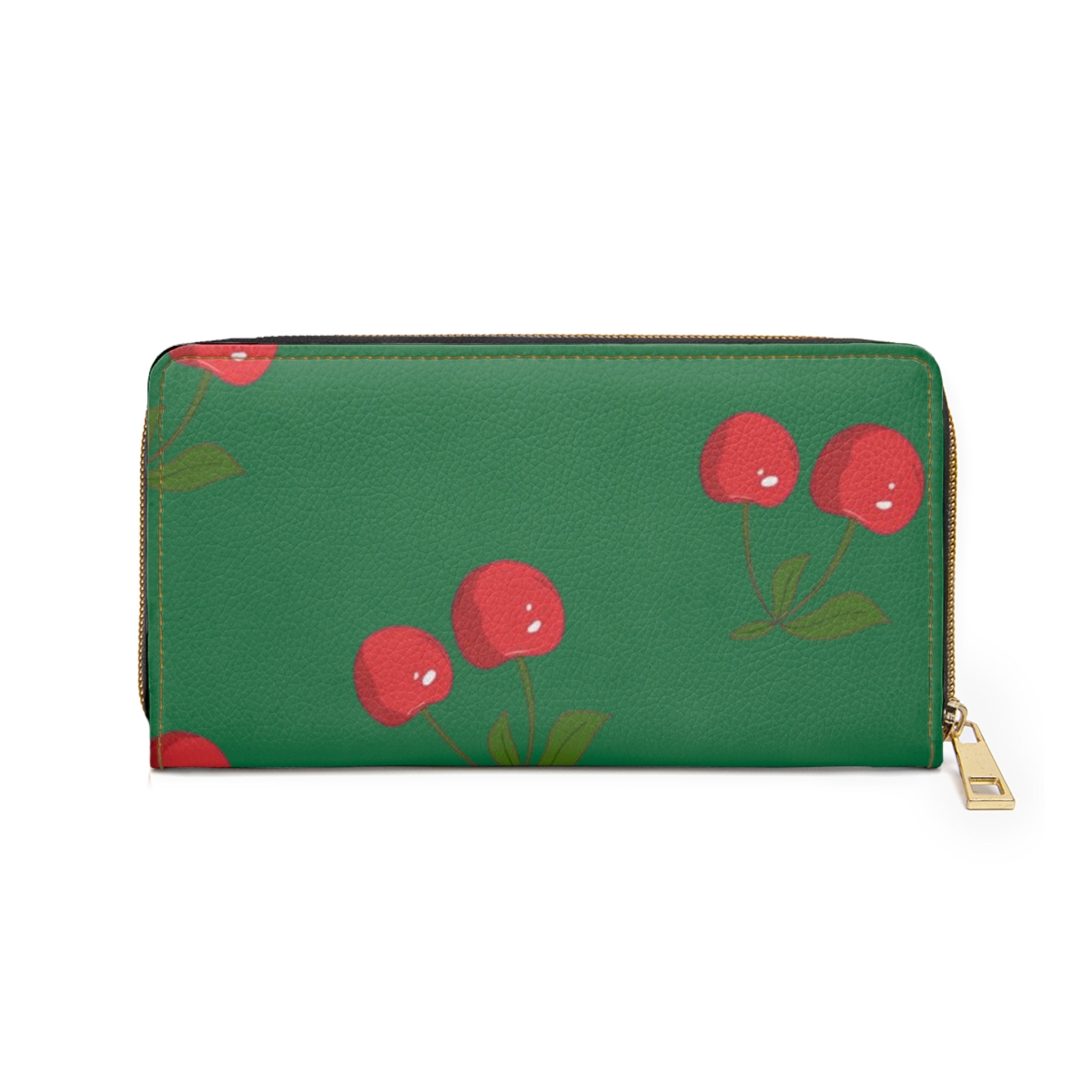 Cherry Print Zipper Wallet — Green Cherry Patterned Wallet