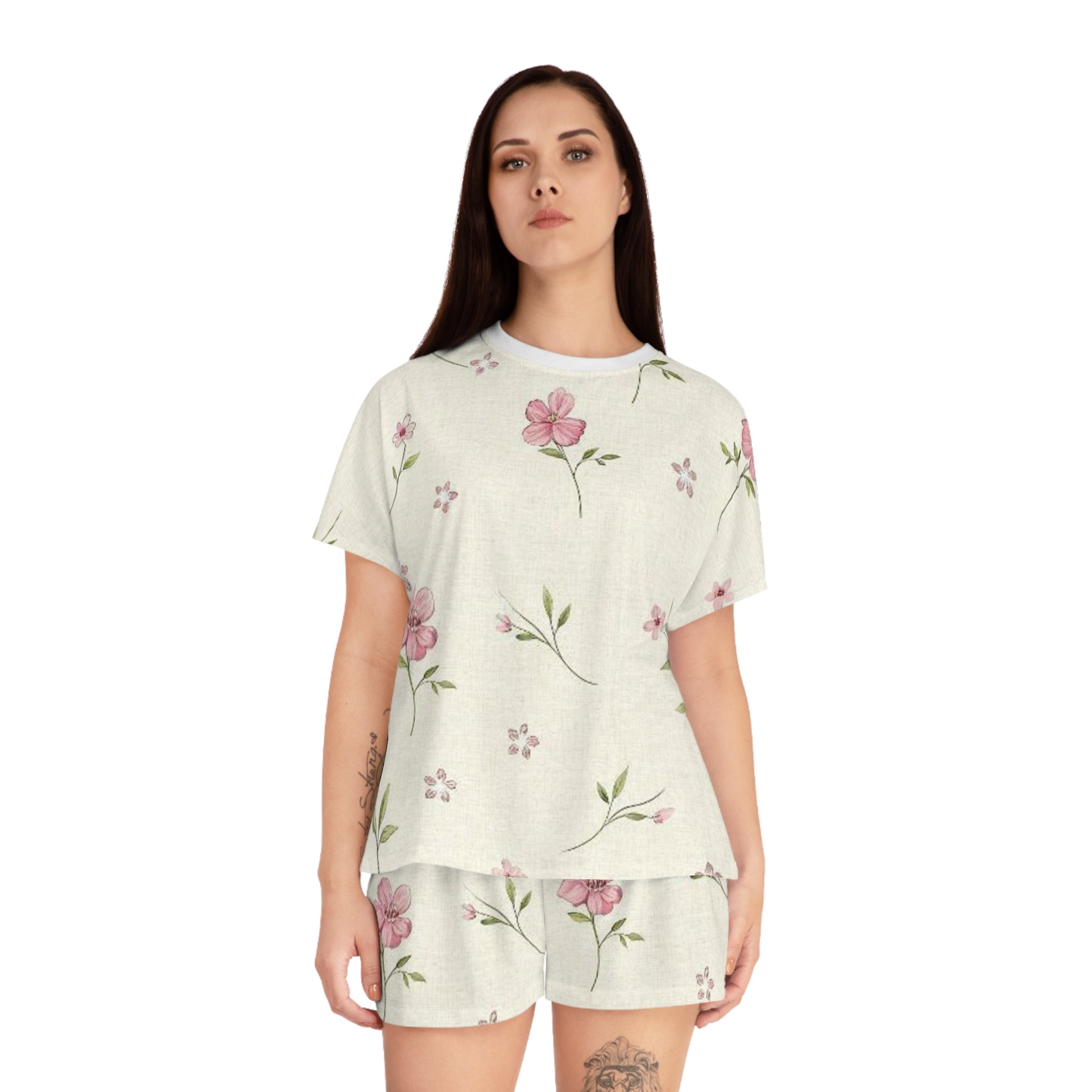 Floral Cream Women’s Short Pajama Set — Pink Watercolor Flower Print