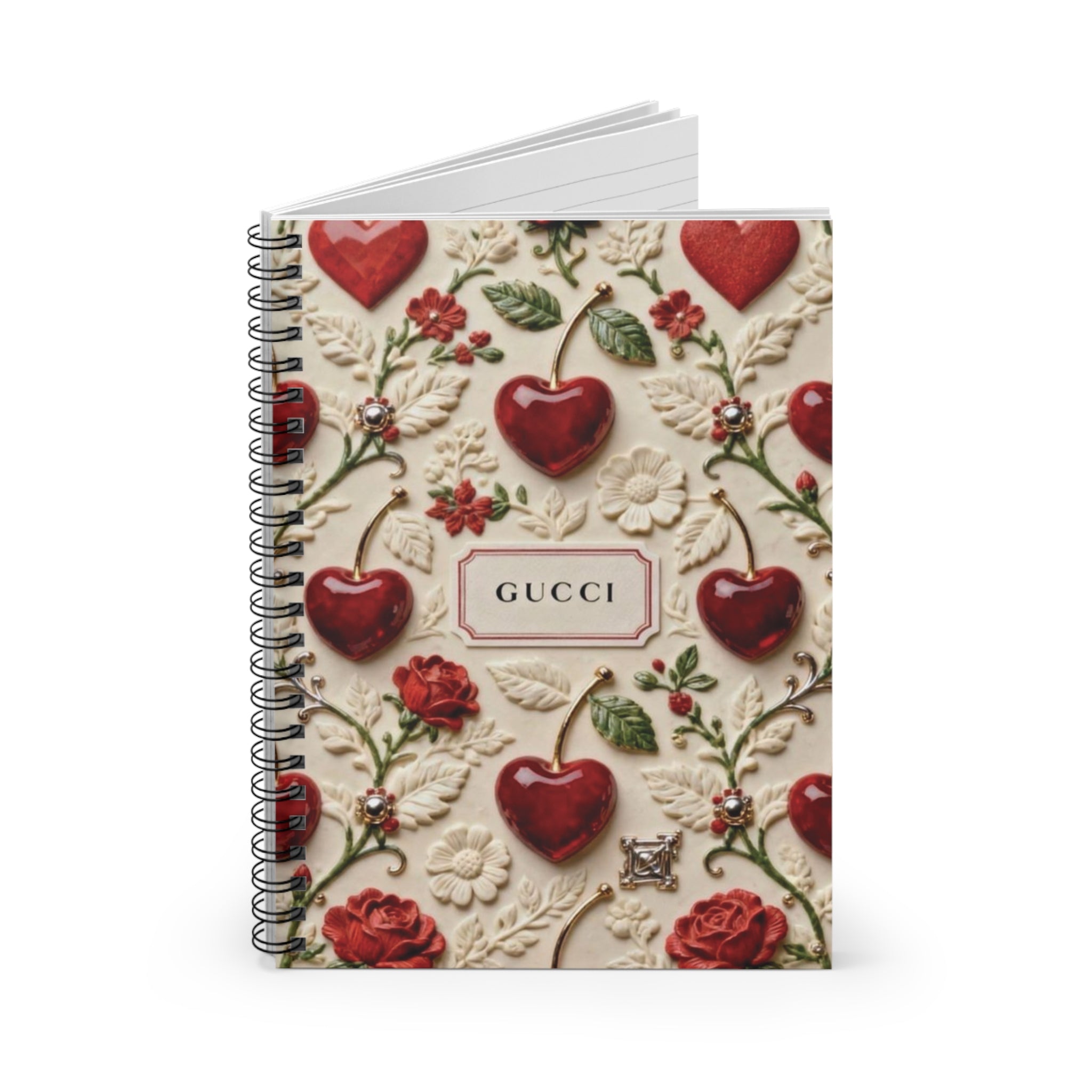 Cherry Floral Spiral Notebook — Ruled Journal with Vintage Heart Motif