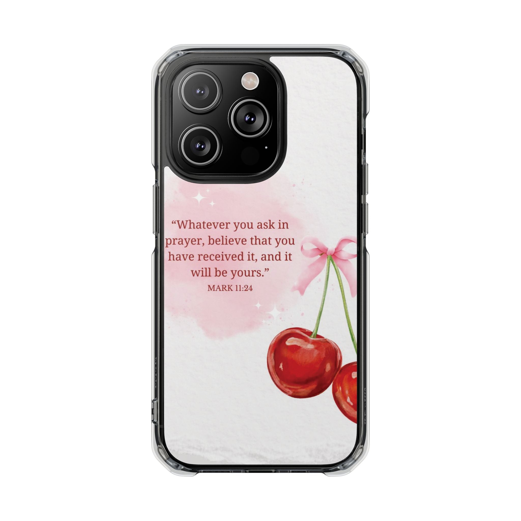 Clear Magnetic Phone Case — Cherry Design with Mark 11:24 Prayer Quote