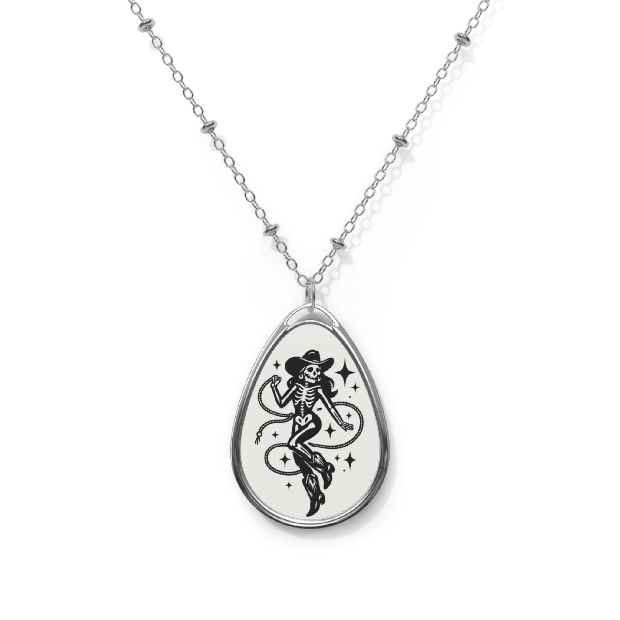 Cowgirl Skeleton Oval Necklace — Western Tattoo Pendant Jewelry