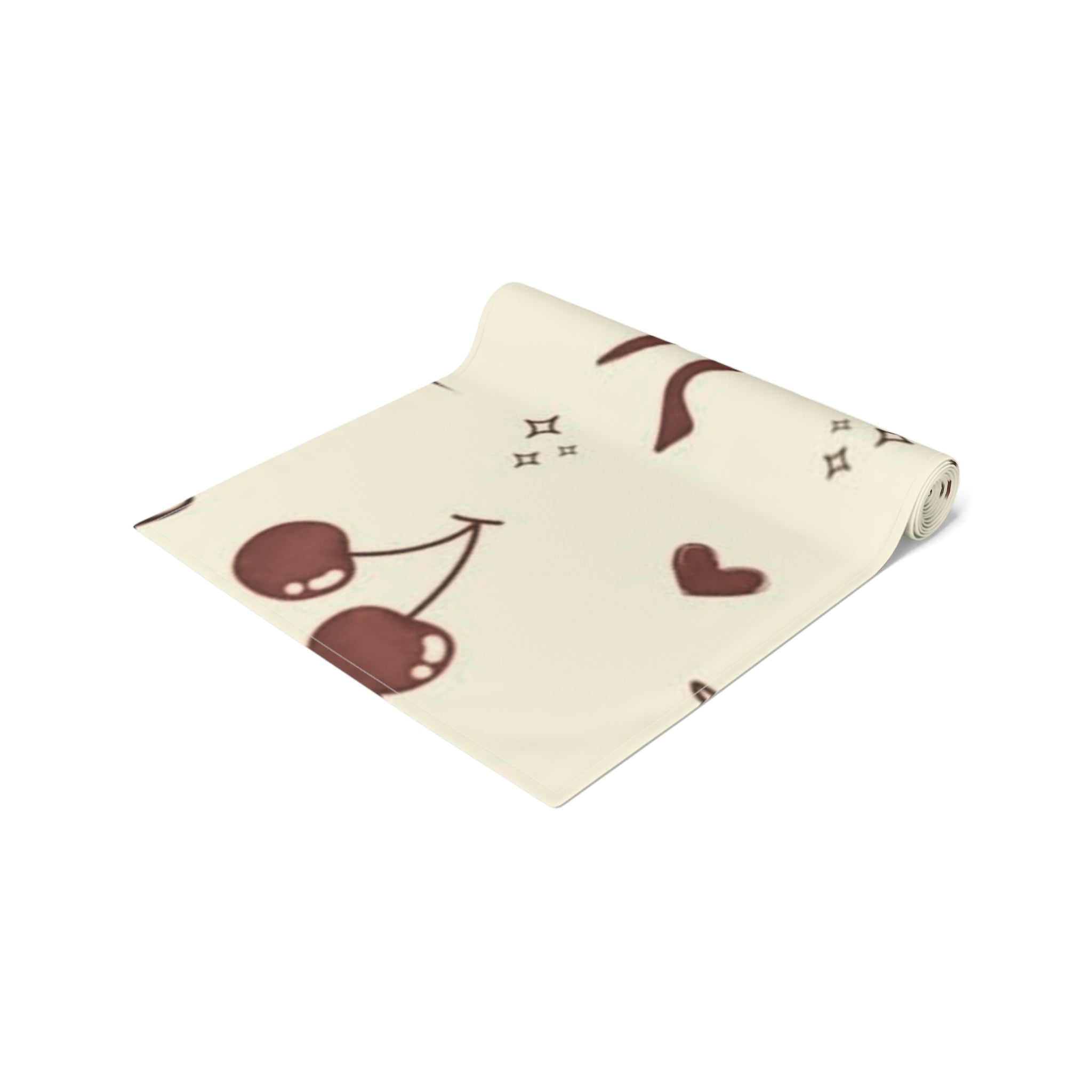 Cream & Chocolate Cherry Table Runner — Cute Bow, Heart & Star Pattern