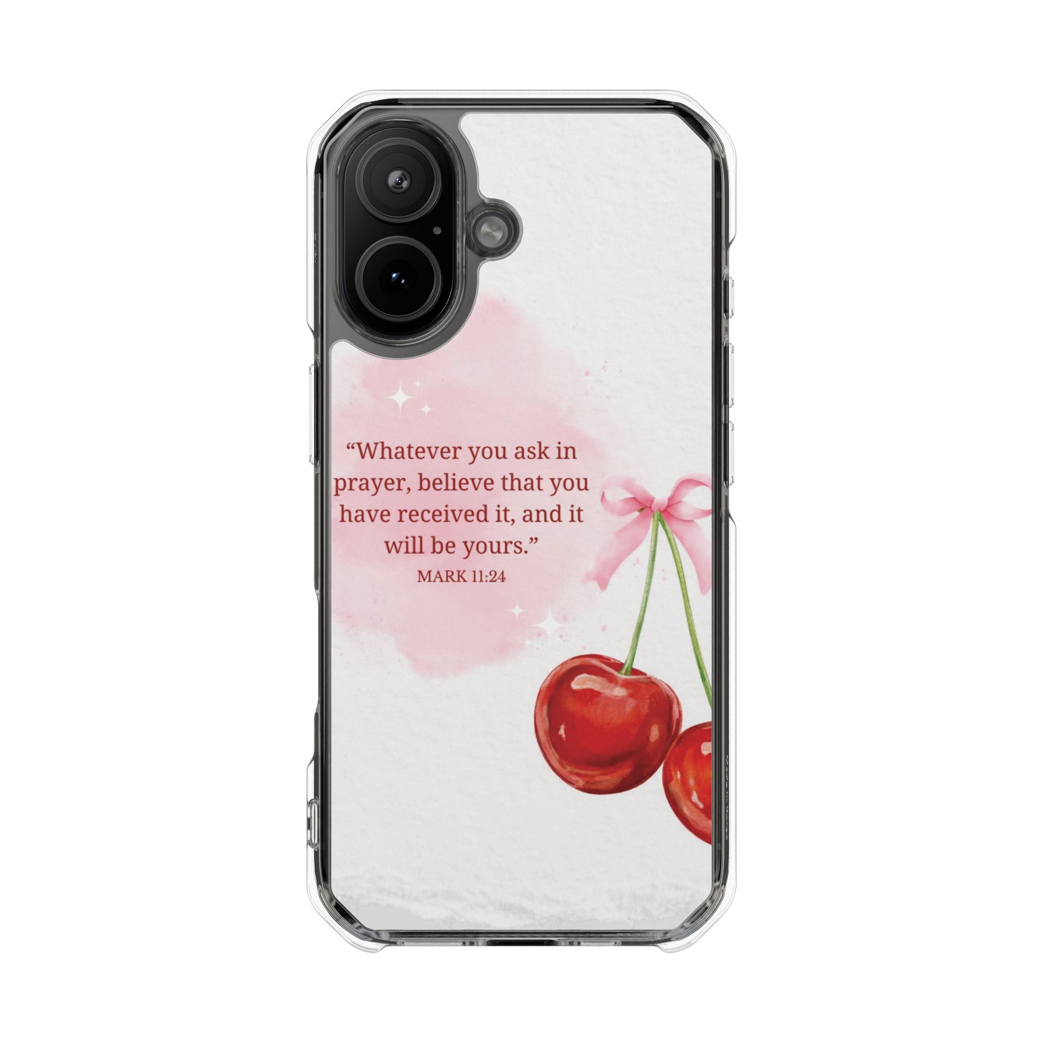 Clear Magnetic Phone Case — Cherry Design with Mark 11:24 Prayer Quote