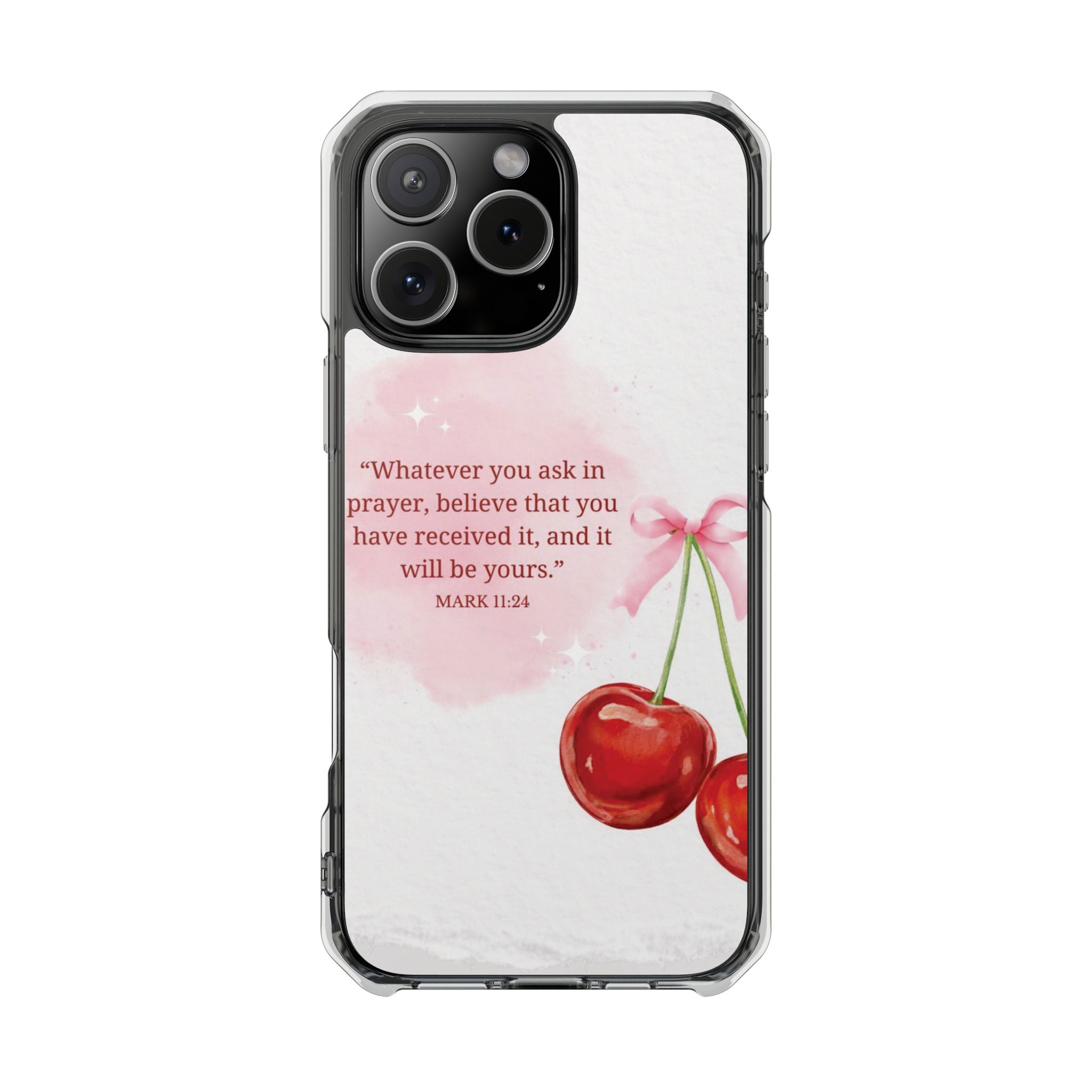 Clear Magnetic Phone Case — Cherry Design with Mark 11:24 Prayer Quote