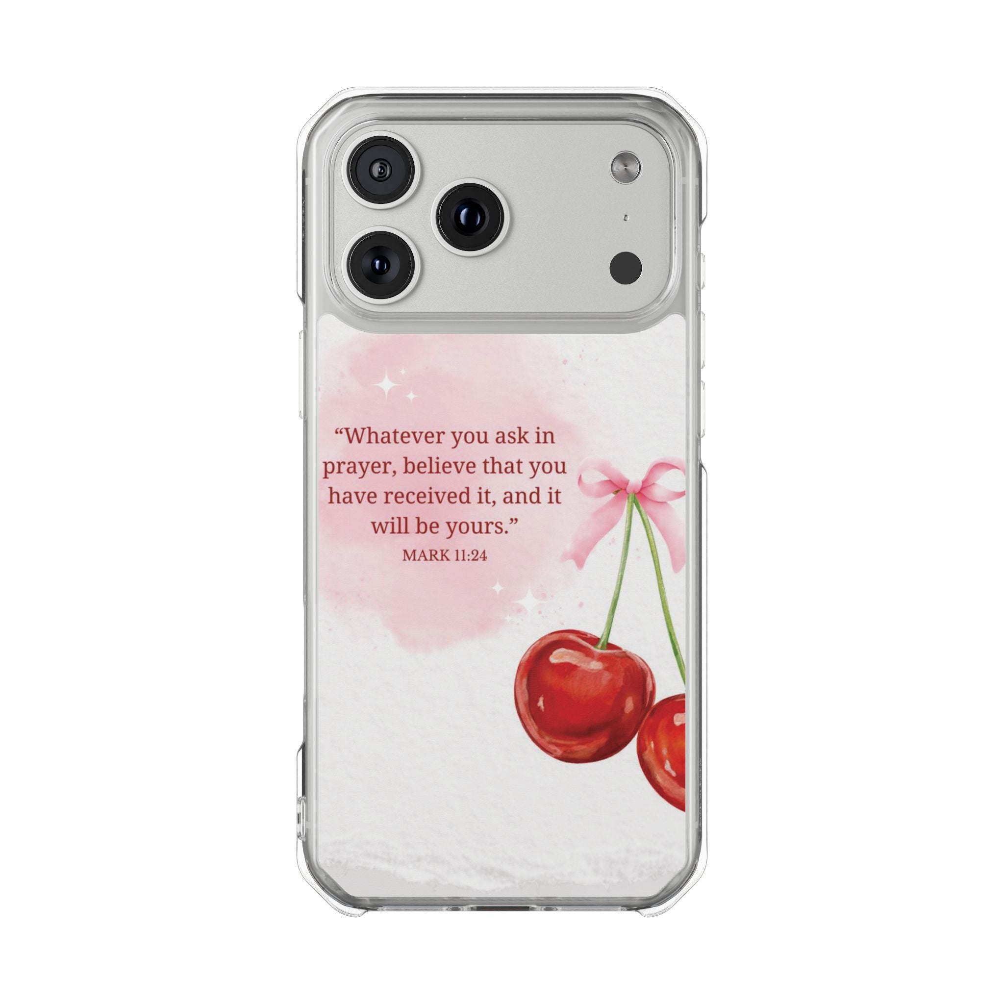 Clear Magnetic Phone Case — Cherry Design with Mark 11:24 Prayer Quote