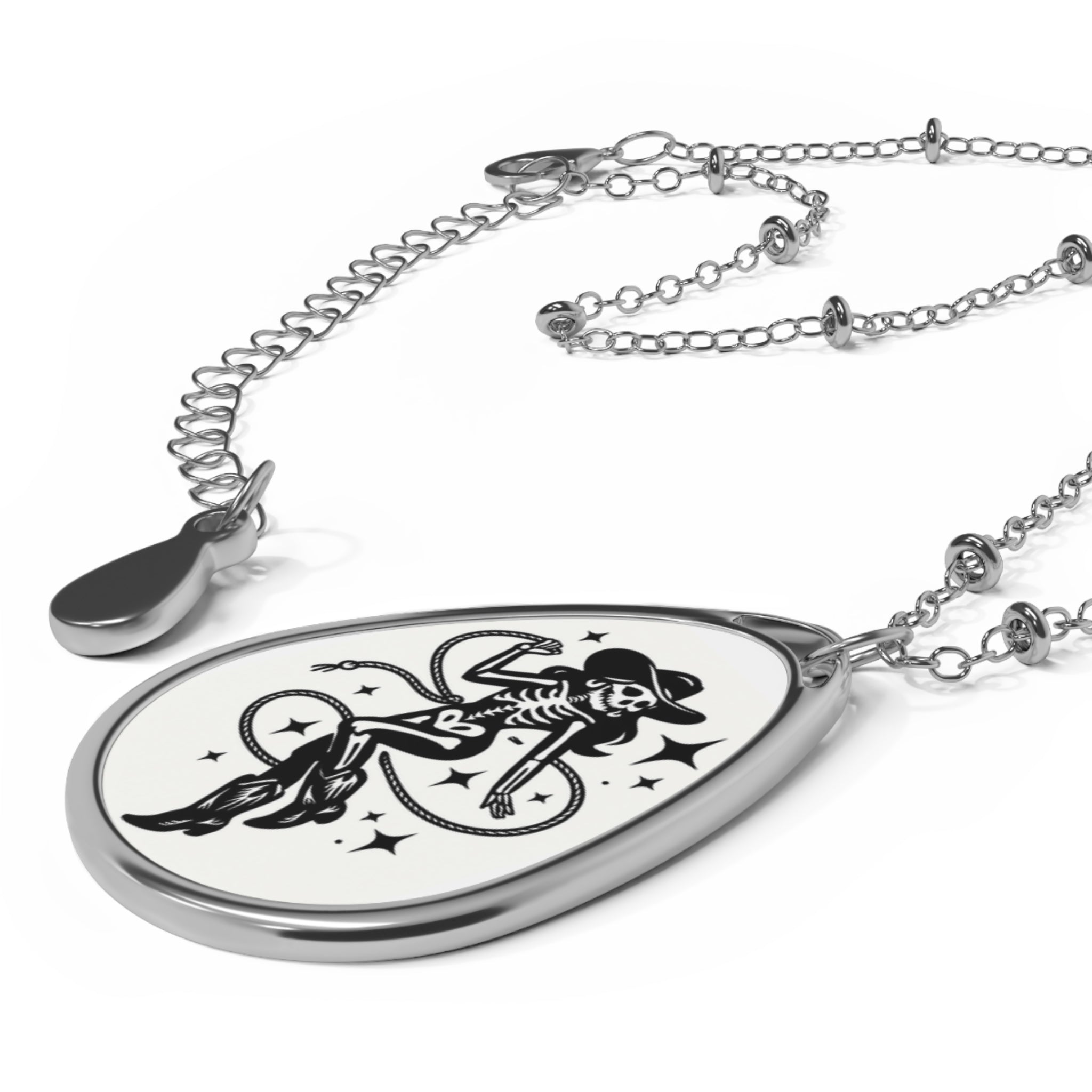 Cowgirl Skeleton Oval Necklace — Western Tattoo Pendant Jewelry