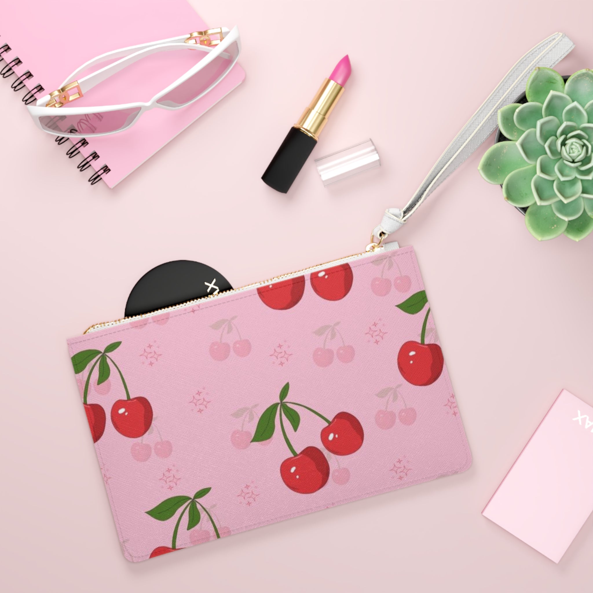 Cherry Pattern Clutch Bag — Cute Pink Retro Cherry Wristlet