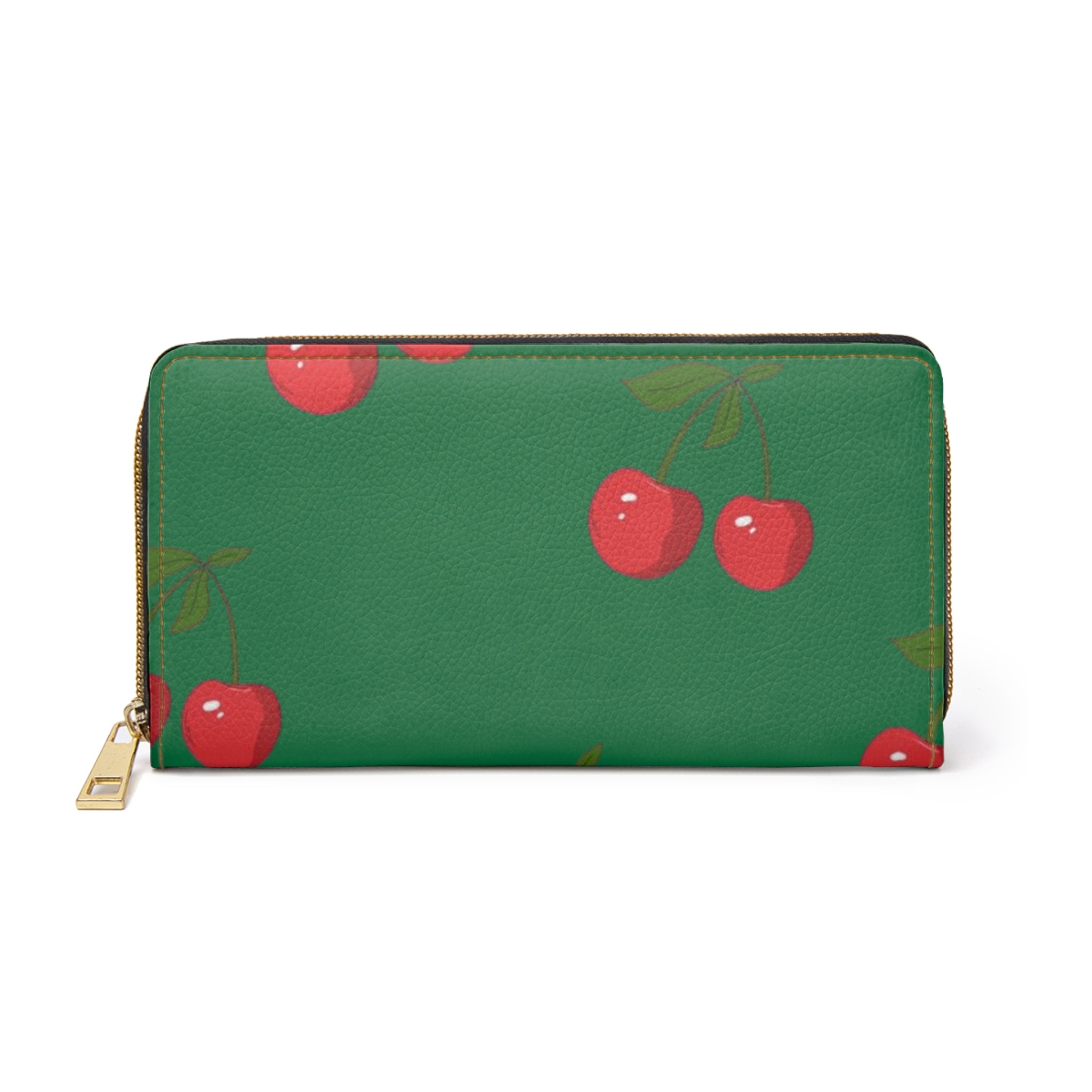 Cherry Print Zipper Wallet — Green Cherry Patterned Wallet