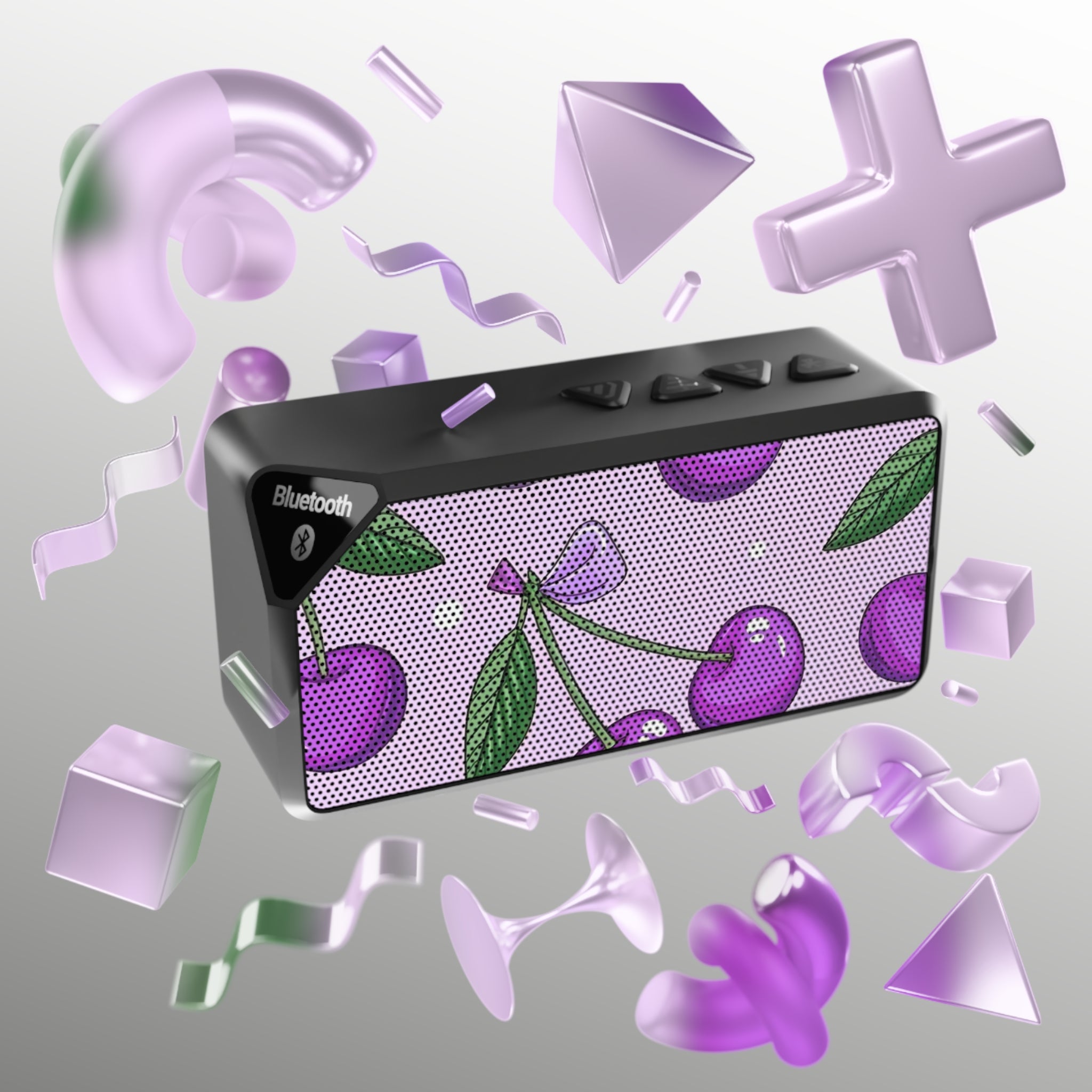 Cherry Pattern Bluetooth Speaker — Portable Wireless Speaker with Purple Cherries Design